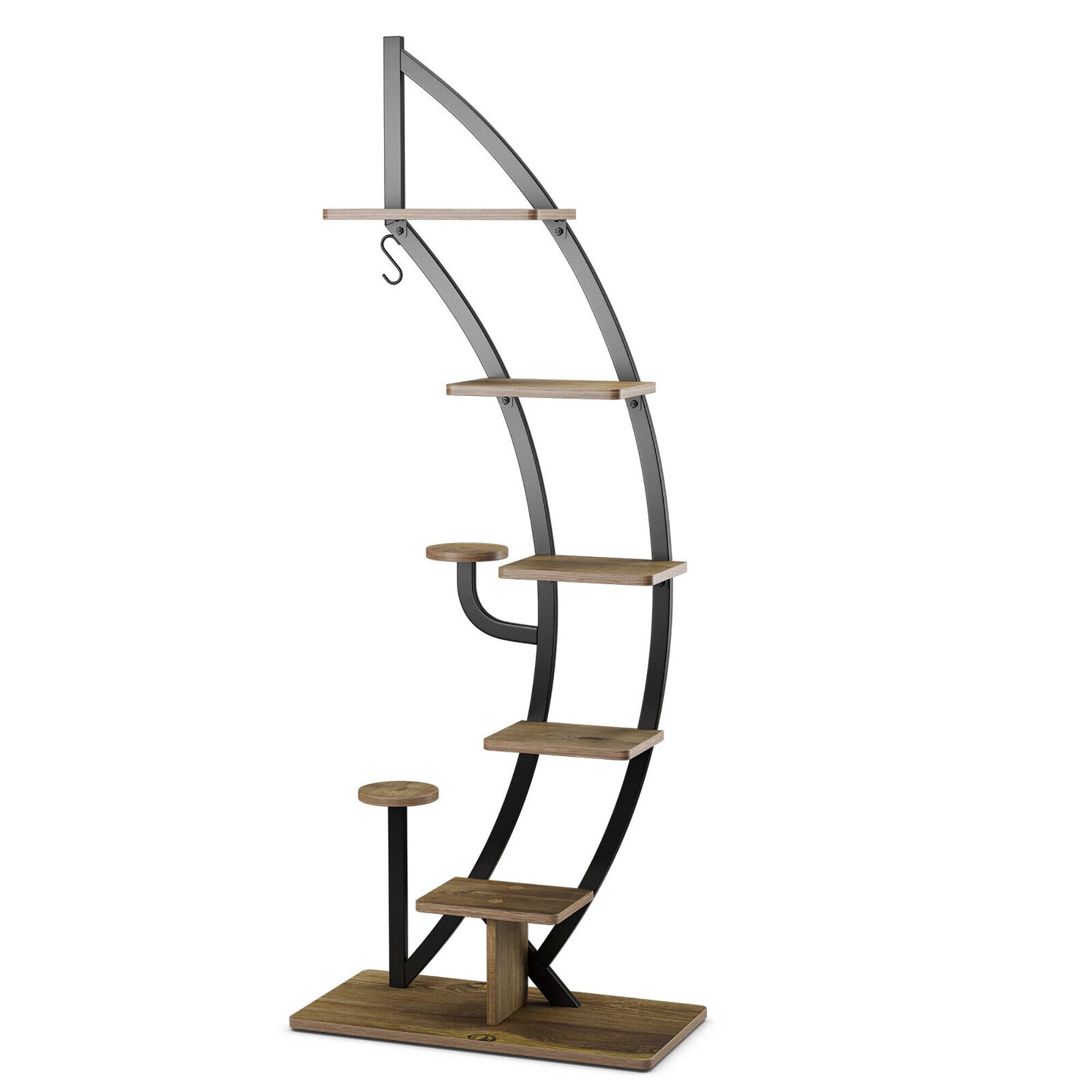 Alt View 8. Gymax - Gymax 6 Tier 9 Potted Metal Plant Stand Rack Curved Stand Holder Display Shelf w/ Hook - Natural+Black.