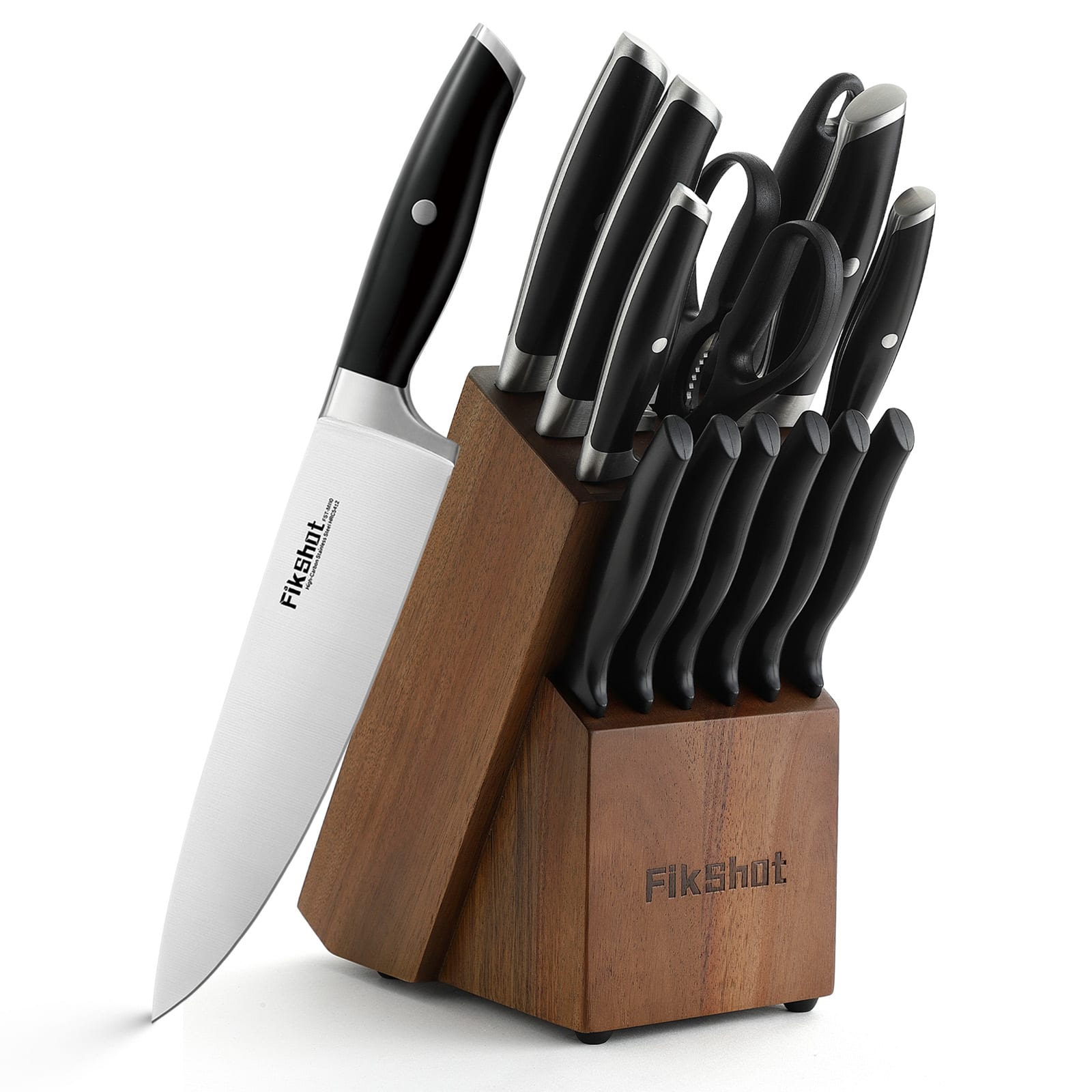 Livingo - 14-Piece Kitchen Knife Set with Black Handles and Walnut Block, German-Grade Stainless Steel, Dishwasher Safe - Black