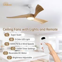 Sofucor - 52 Inch Solid Wood Ceiling Fan DC Motor 3 Blades Fans with Lights & Remote Control High CFM Farmhouse Ceiling Fan - White Wood