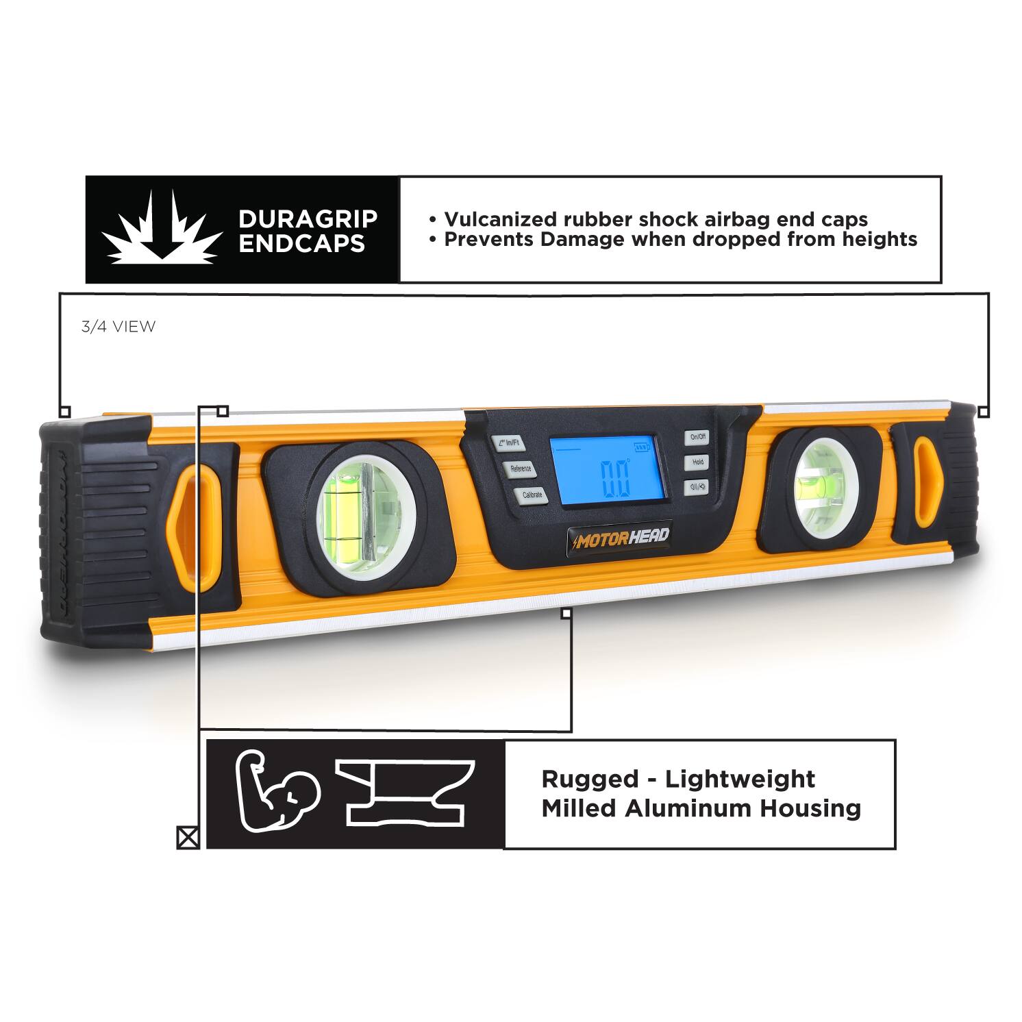 DURAGRIP Vulcanized rubber shock airbag end caps  
ENDCAPS  
Prevents Damage when dropped from heights  

3/4 VIEW  

- Nabeca Caloee  
- U.U  
- MOTOR HEAD X  

Rugged - Lightweight  
Milled Aluminum Housing