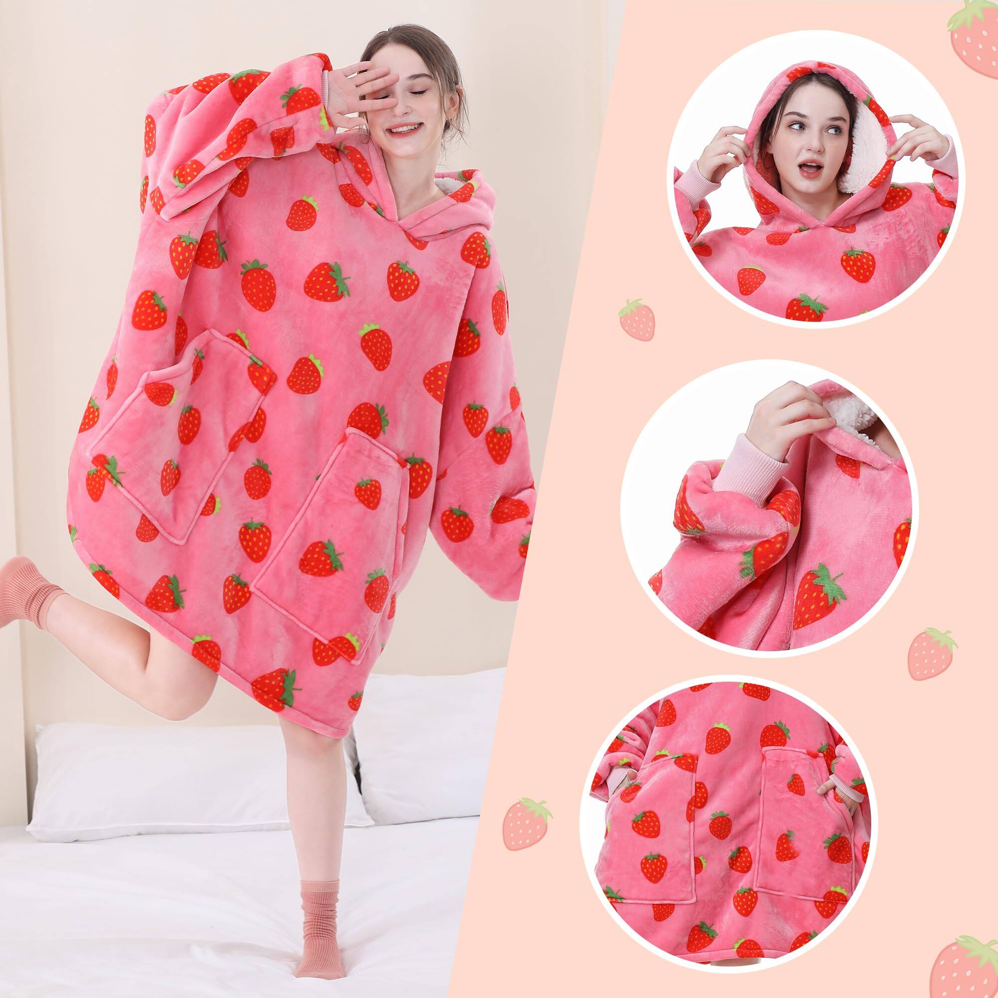 Alt View 4. NICHOLAS KLEIN - Strawberry Blanket Hoodie Oversized Sherpa Wearable Hooded Warm Cozy Sweatshirt Gifts For Women Adult - Purple Dot/Kids Kids.