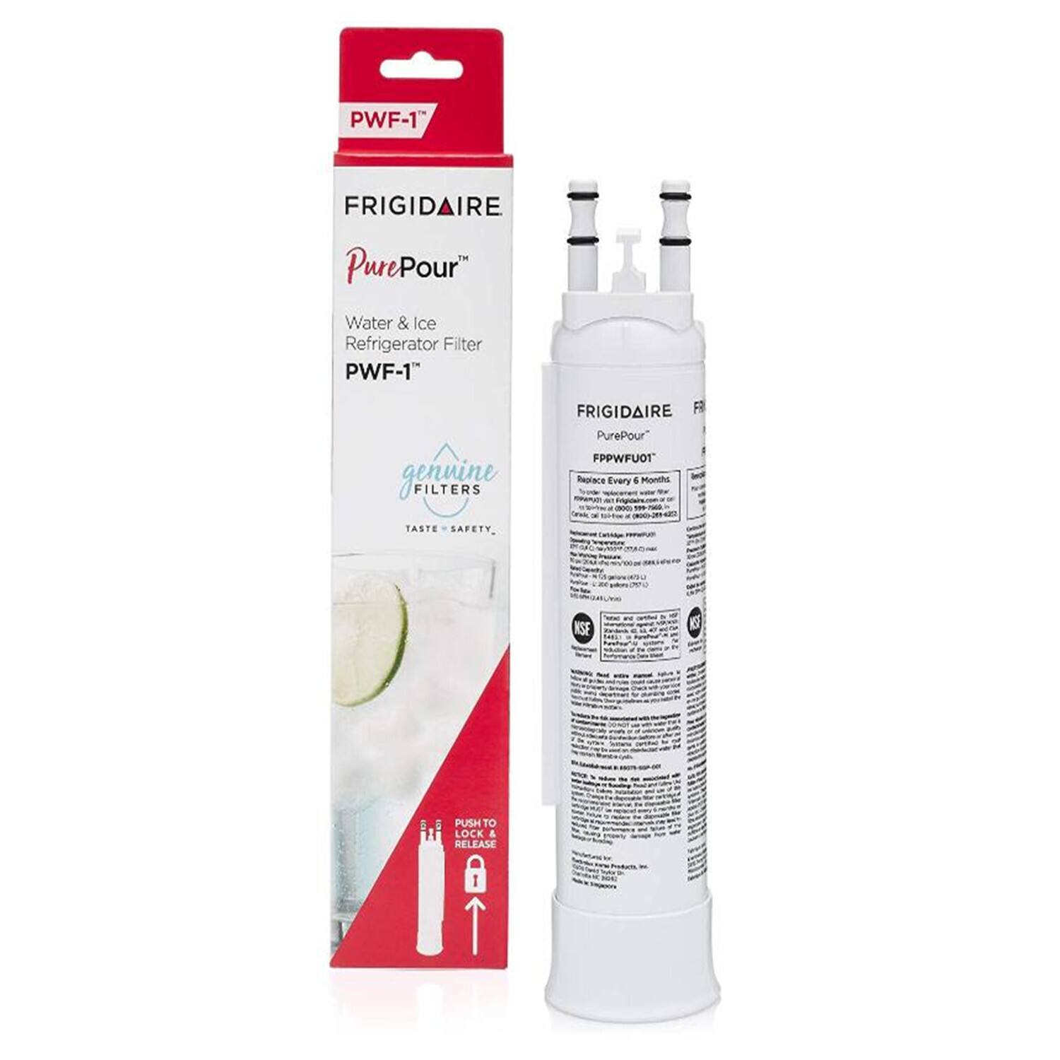 PWF-1  
FRIGIDAIRE PurePour Water & Ice Refrigerator Filter  
PWF-1  
genuine FILTERS  
TASTE SAFETY  

FRIGIDAIRE PurePour  
FPPWFU01  

Replace Every 6 Months  
PUSH TO LOCK & RELEASE  

NSF - 6