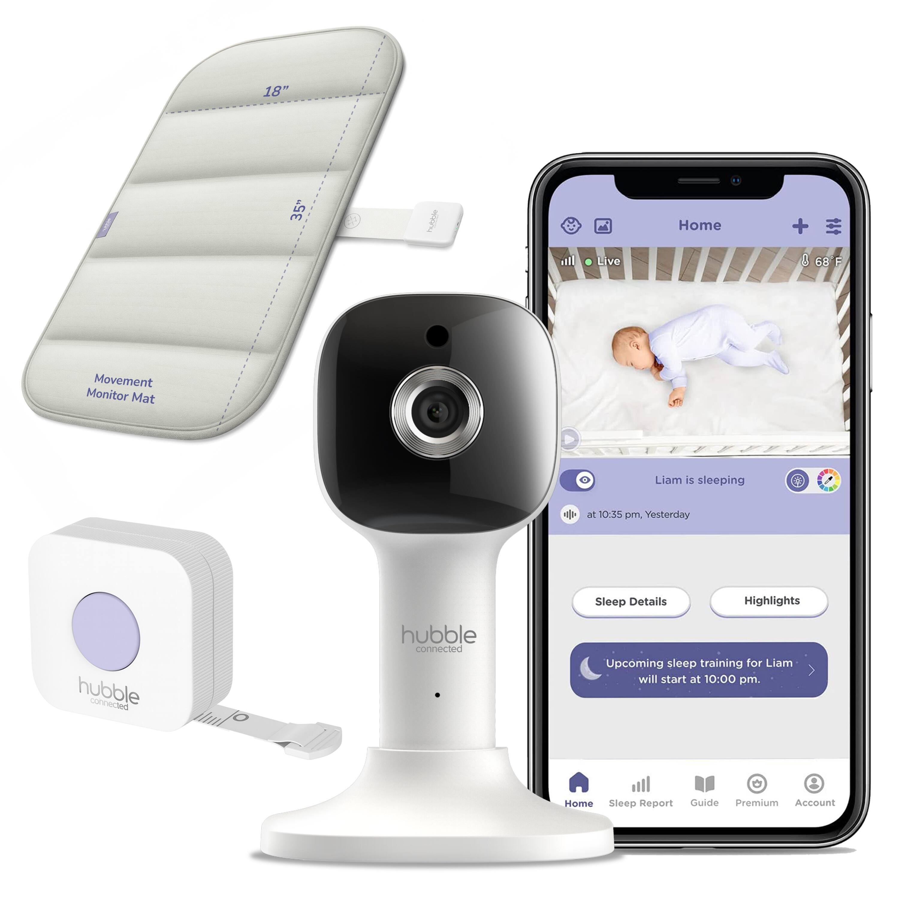 18" 35" I Home + all Live B 68 F Movement Monitor Mat Liam is sleeping M 10:35 pm Yesterday Sleep Details Highlights hubble connected hubble connected Upcoming sleep training for Liam will start at 10:00 pm. Home Sleep Report Guide Premium Account