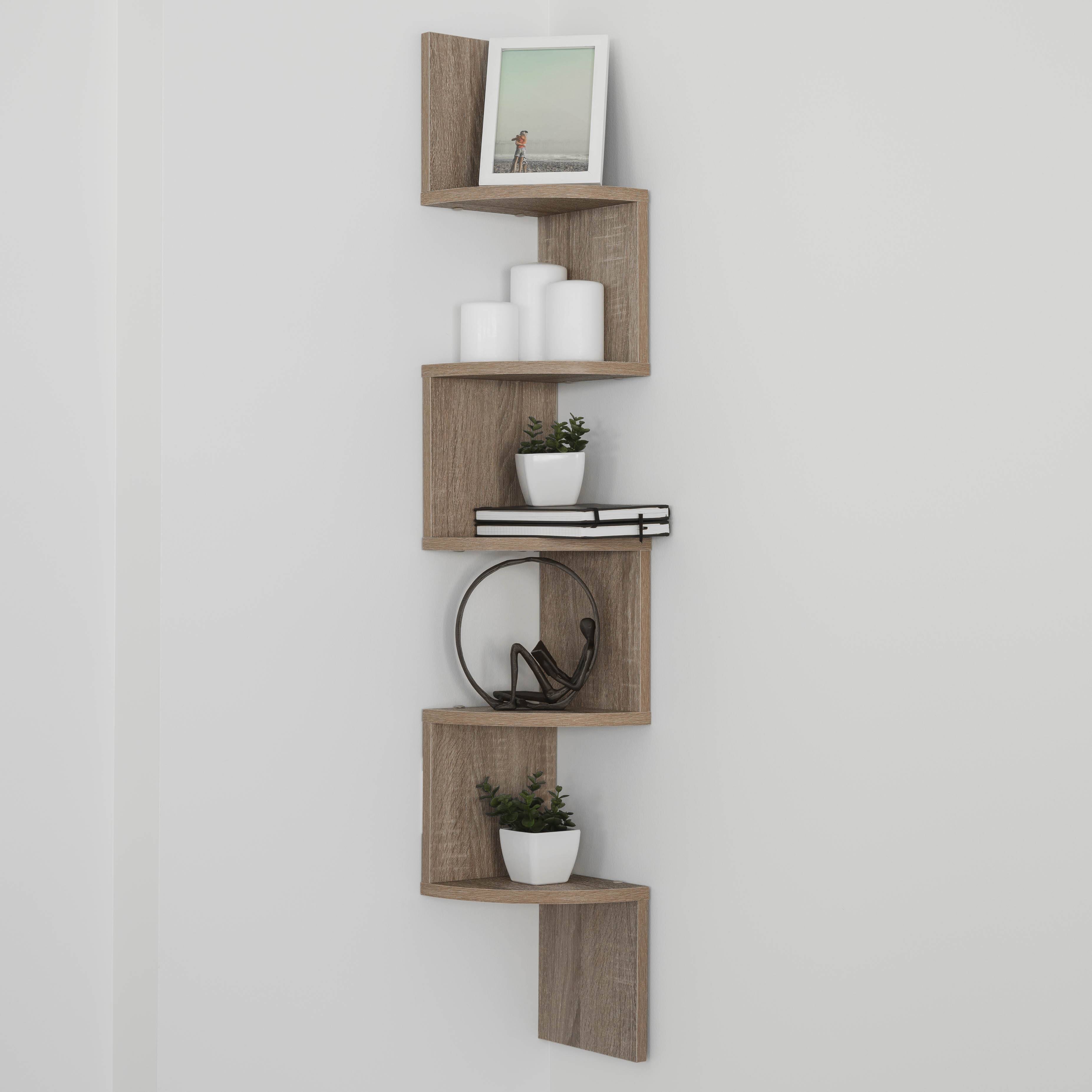 Left. Danya B - Five Tier Corner Wall Shelf - Rustic - Beige.
