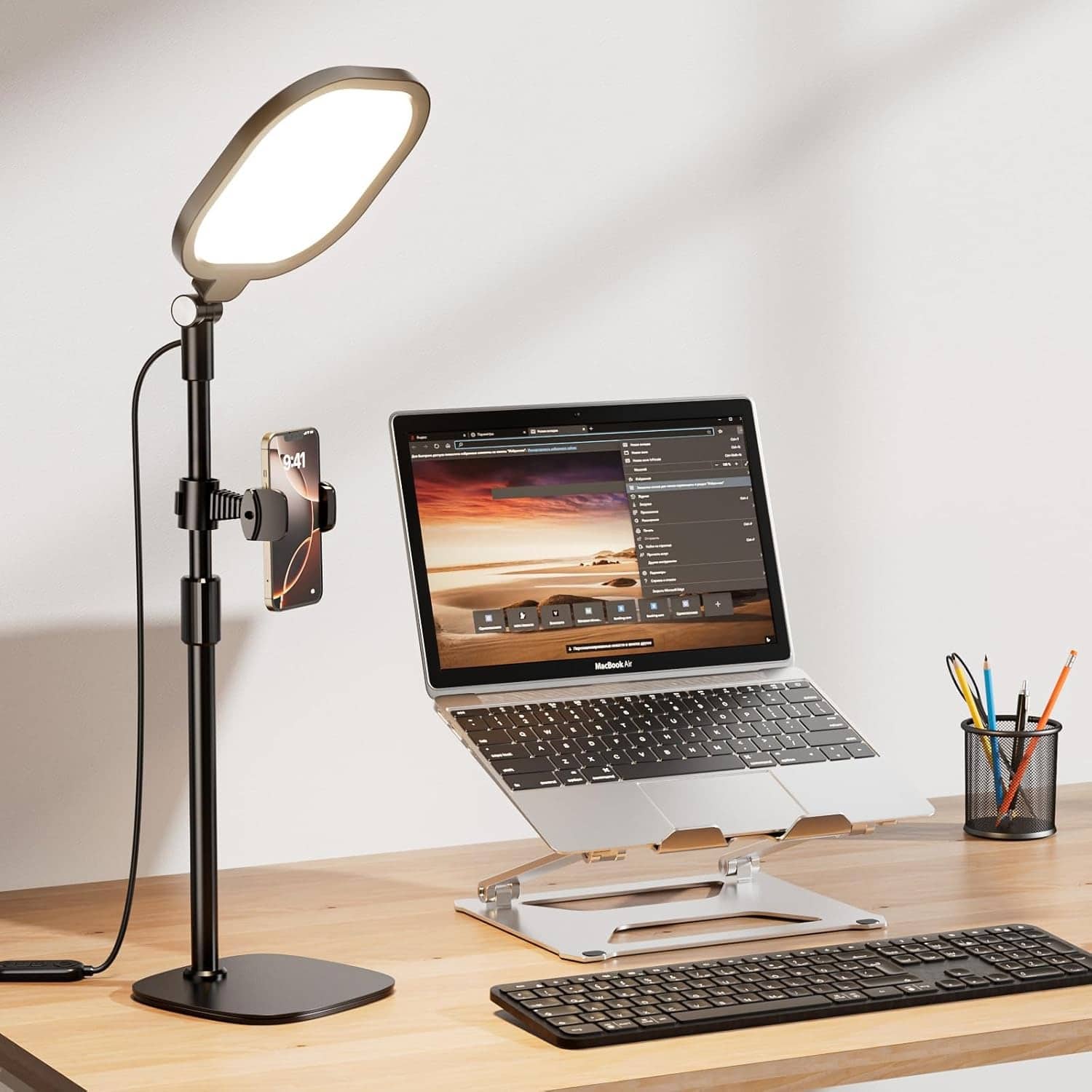 Schertz - Desk Ring Light with Stand & Phone Holder, 3000K-6500K Dimmable LED for Laptop, Zoom, Video Calls & Recording