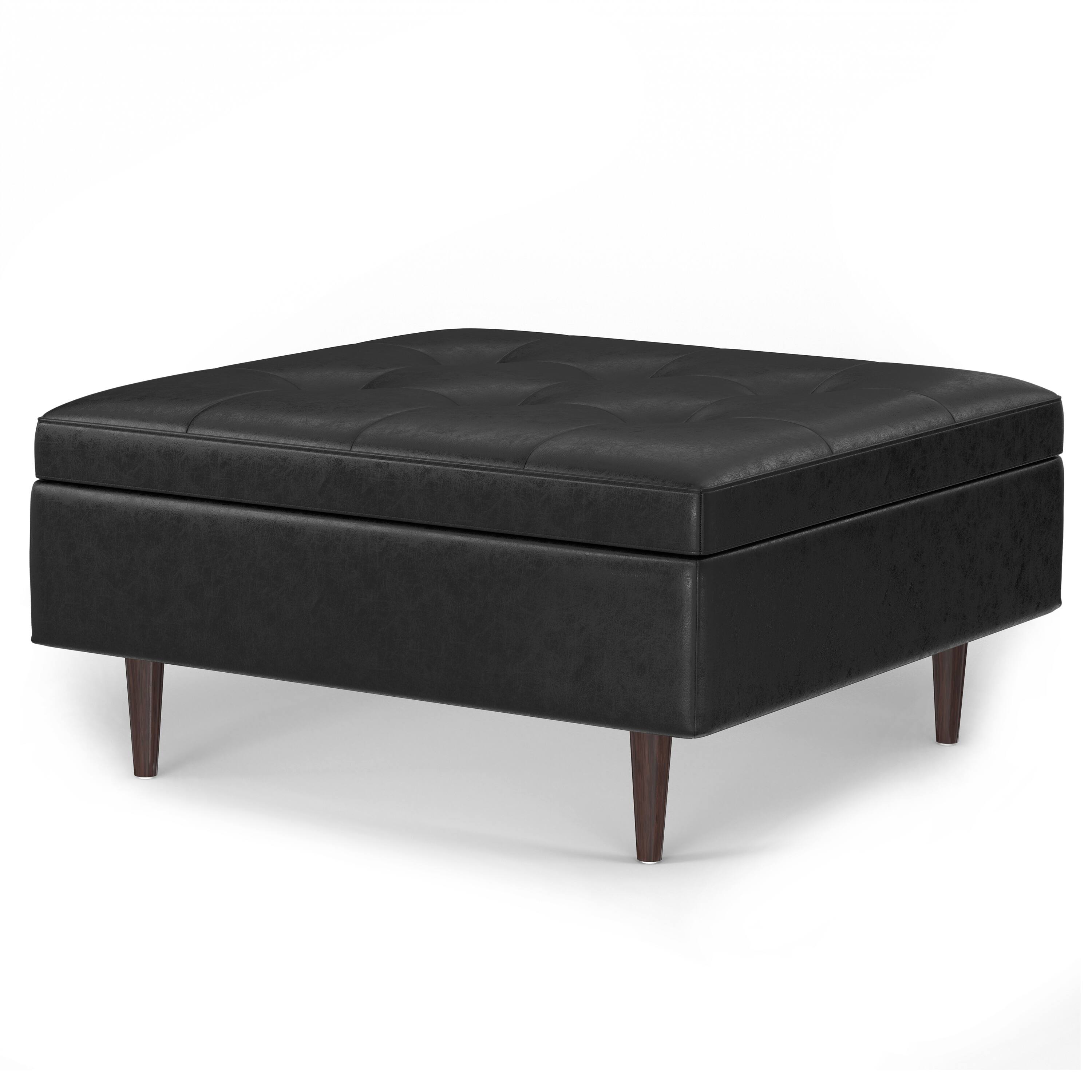 Angle. Simpli Home - Shay Mid Century Large Square Coffee Table Storage Ottoman - Distressed Black.