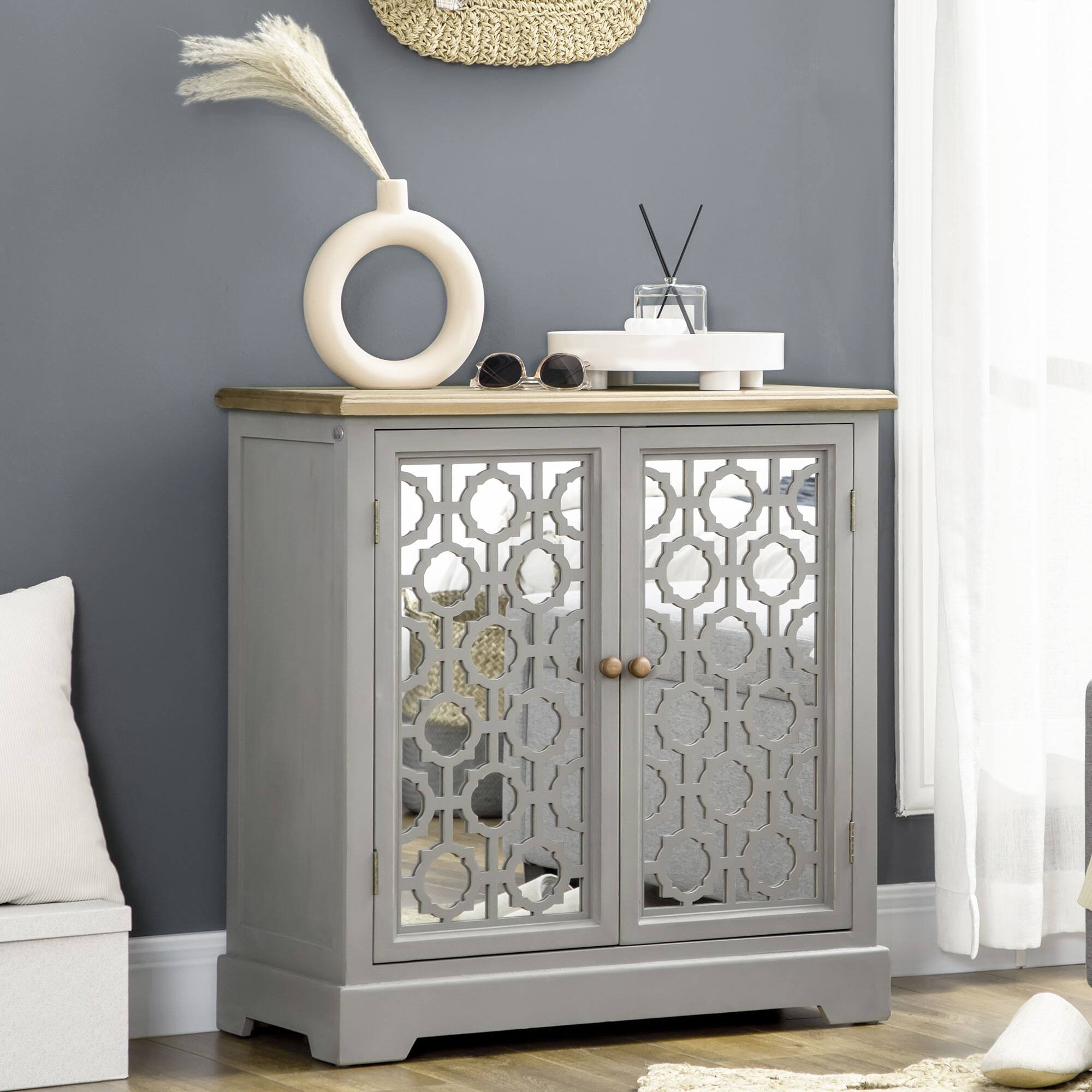 Angle. Homcom - Farmhouse Sideboard with Double Glass Doors, Solid Wood Countertop - Grey.