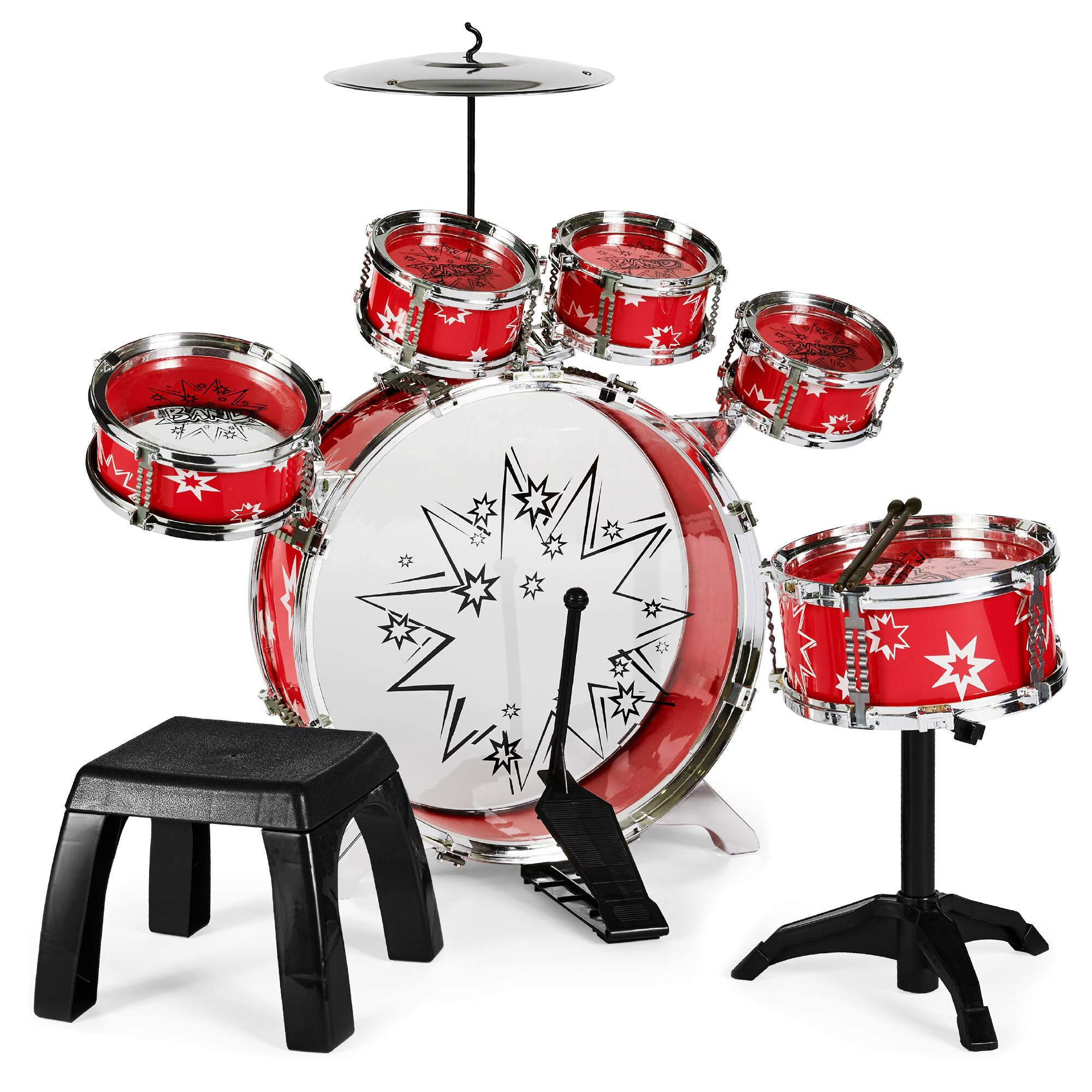 Alt View 2. Best Choice Products - Best Choice Products 11-Piece Kids Starter Drum Set w/ Bass Drum, Tom Drums, Snare, Cymbal, Stool, Drumsticks - Red - Red.