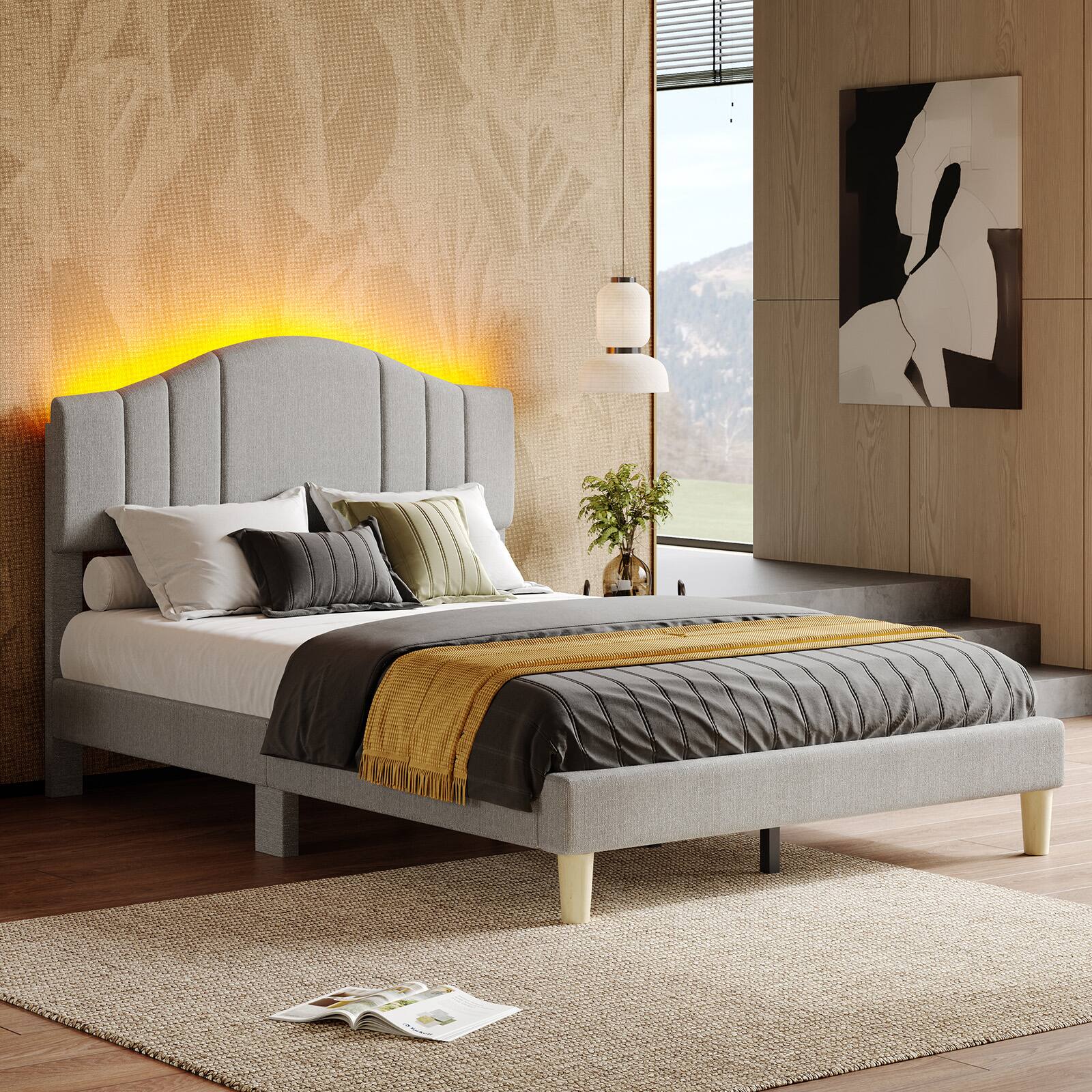 Pinmoco - Upholstered Platform Bed Frame with Adjustable LED Arc Headboard - Fabric Gray