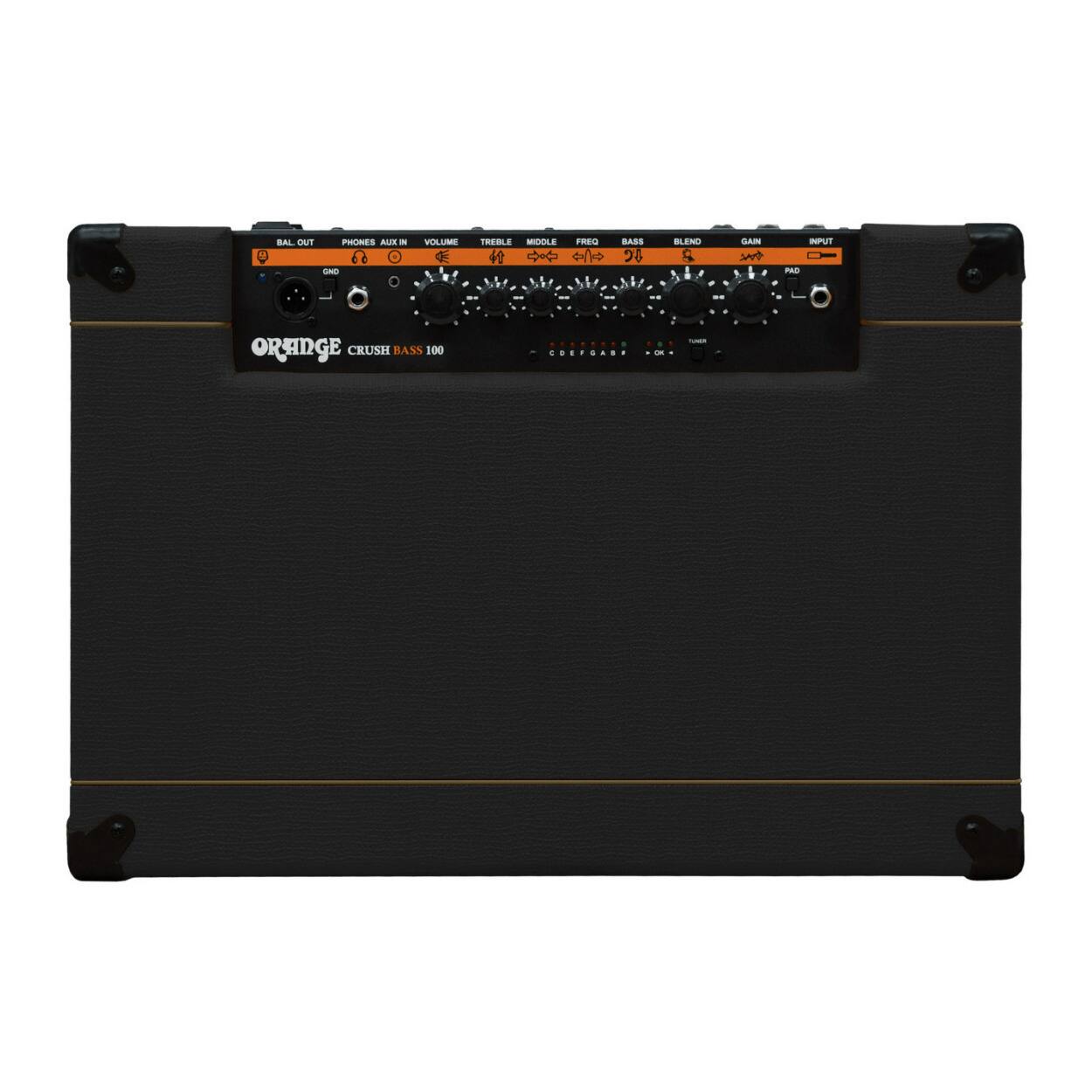 BAL OUT GND  
PHONES AUX IN  
VOLUME  
TREBLE  
MID  
FREQ  
BASS  
BLEND  
GAIN  
INPUT PAD  
ORANGE CRUSH BASS 100