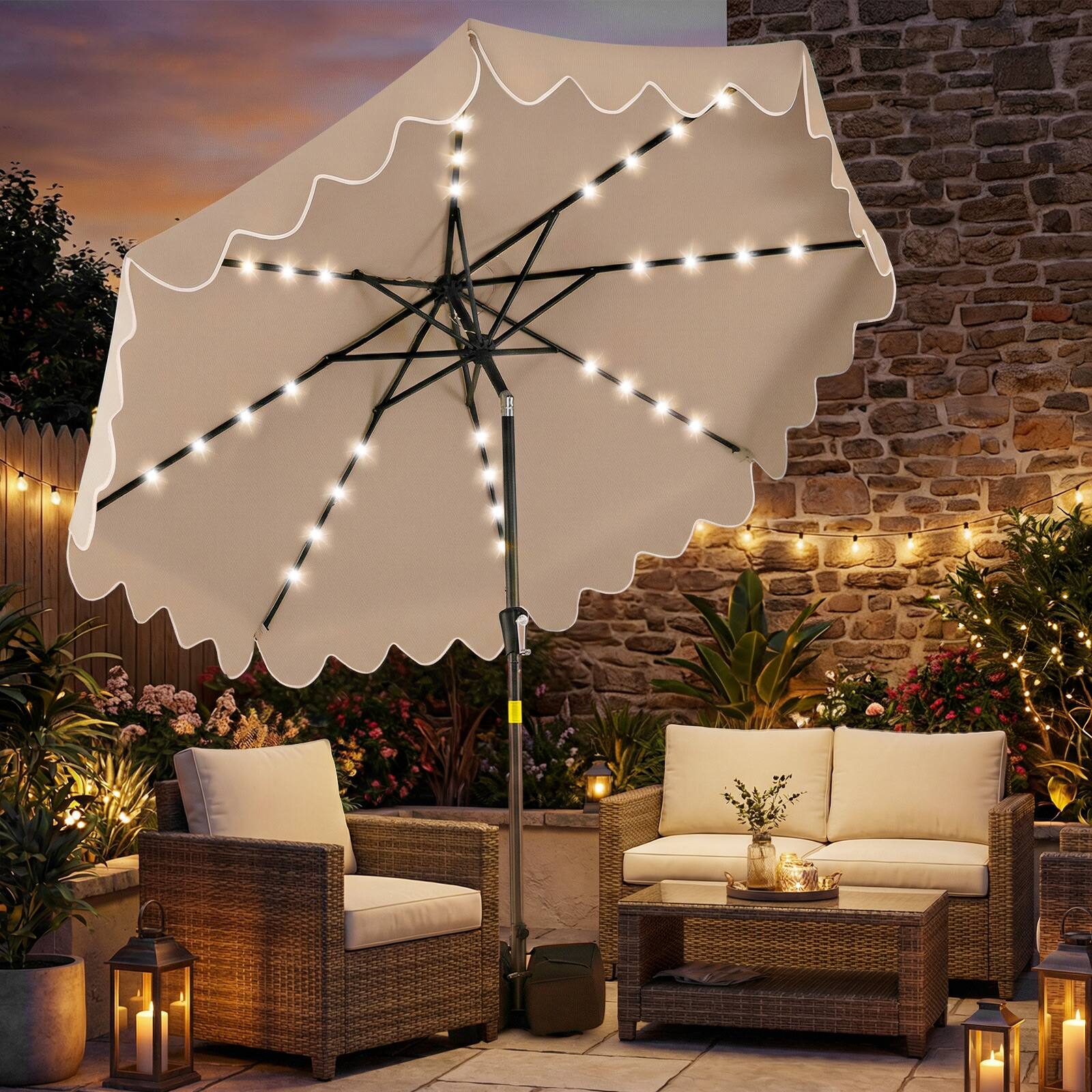 Alt View 1. Gymax - Gymax 9 FT Outdoor Patio Umbrella w/32 Solar LED Lights & Weighted Base Sandbags Brown - Brown.