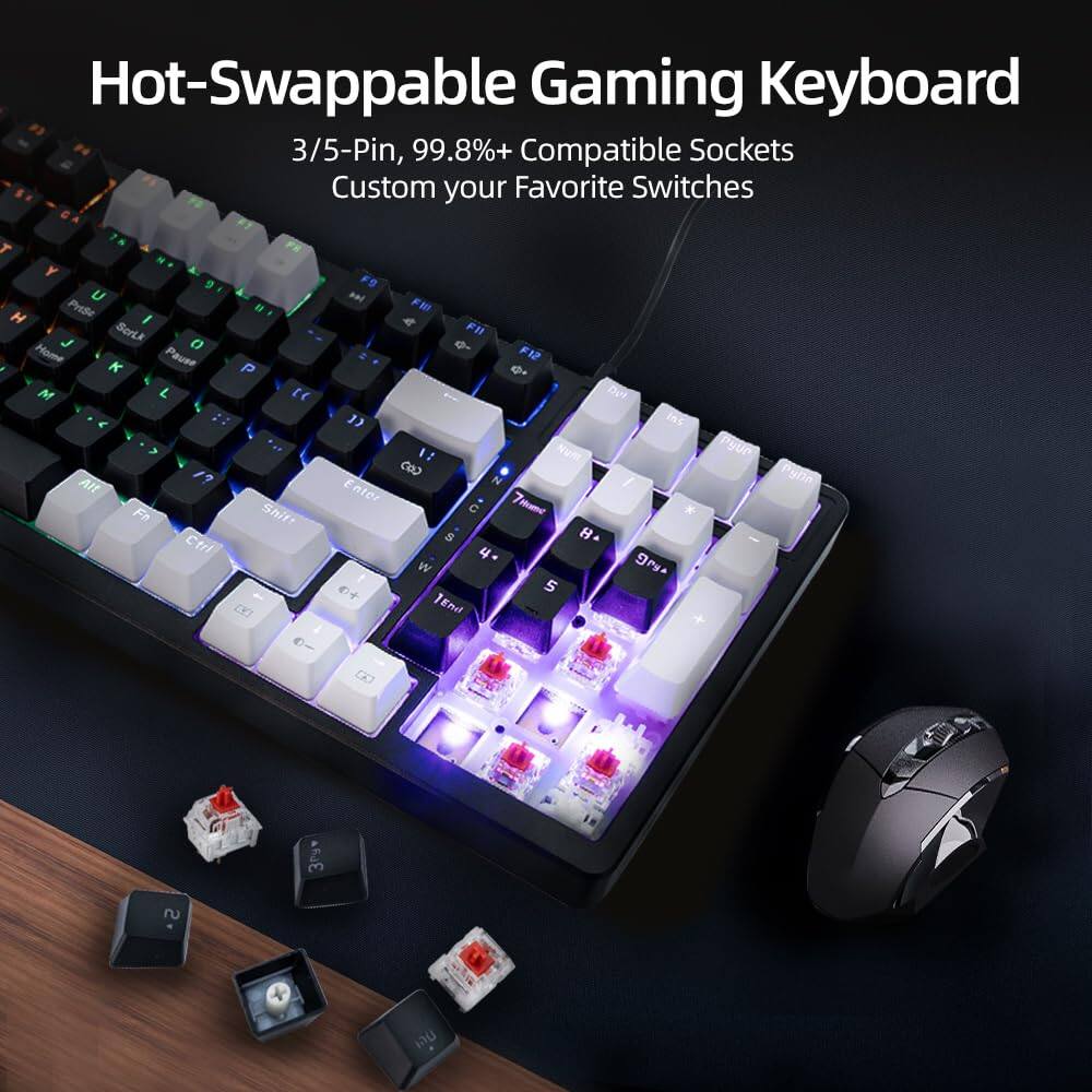 Hot-Swappable Gaming Keyboard  
3/5-Pin, 99.8%+ Compatible Sockets  
Custom your Favorite Switches  

Home Pause F12  
K P + M L  

Det :: " ins 14 Num Pytr 1? COO Pytte Alt N / Enter THume Fn Shift  

* S Ctrl 4- W grg. 5 TEmit B 3Py 2.