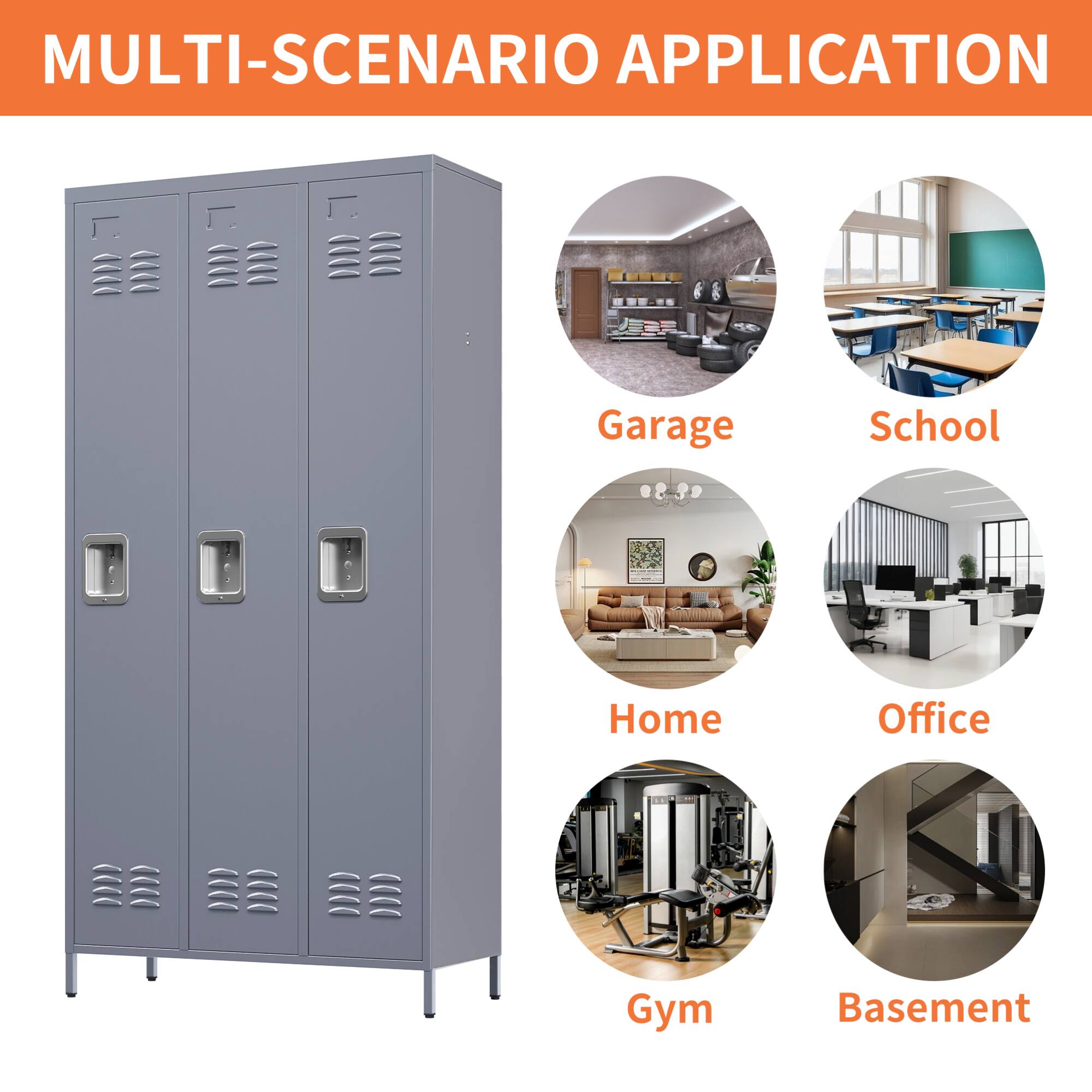 Alt View 1. GOODSILO - Three-Door Steel Storage Locker Cabinet for Secure Organization in Home Gym Office or Garage - Gray.