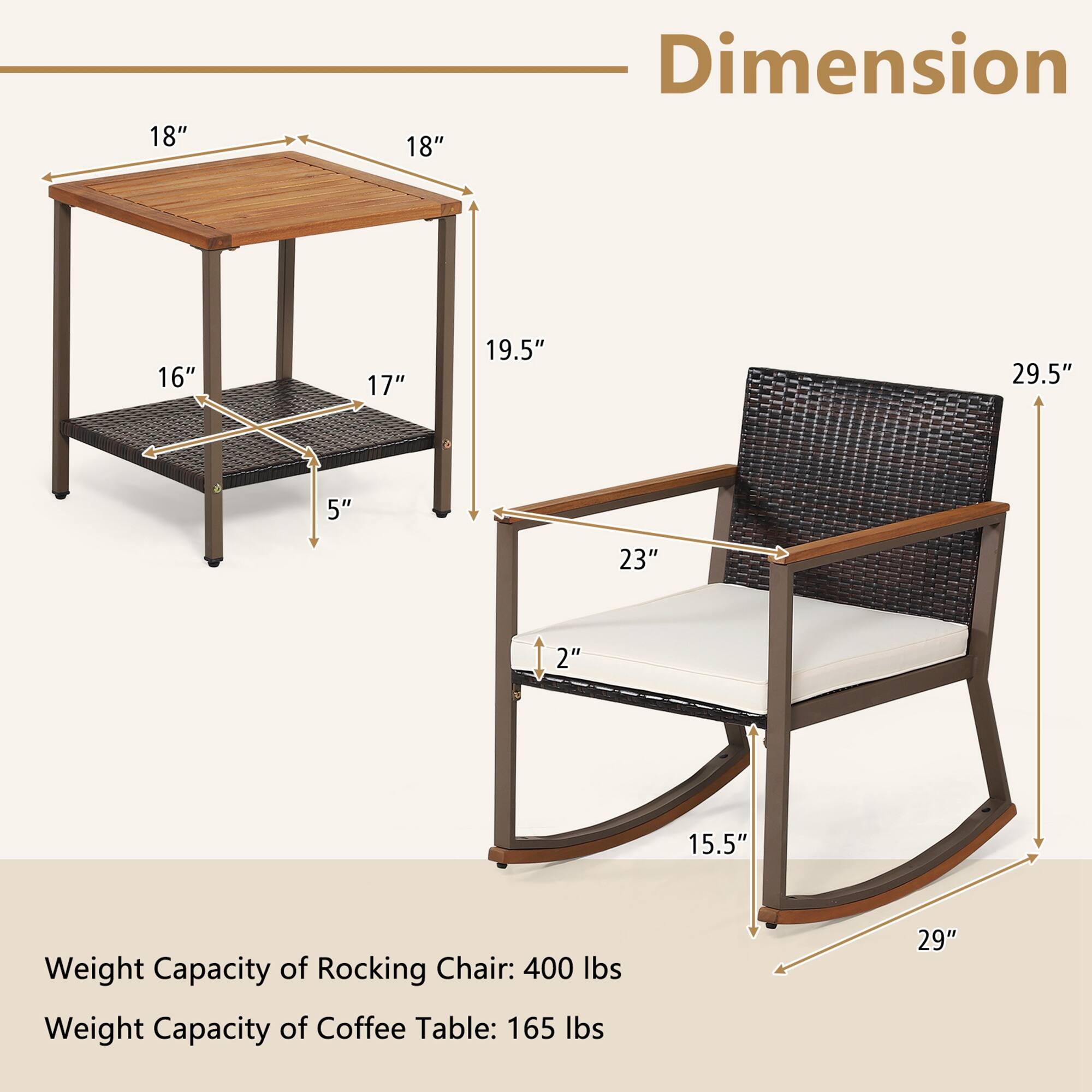 Dimension: 18", 18", 16", 17", 19.5", 5", 23", 2", 15.5", 29.5", 29"

Weight Capacity of Rocking Chair: 400 lbs
Weight Capacity of Coffee Table: 165 lbs