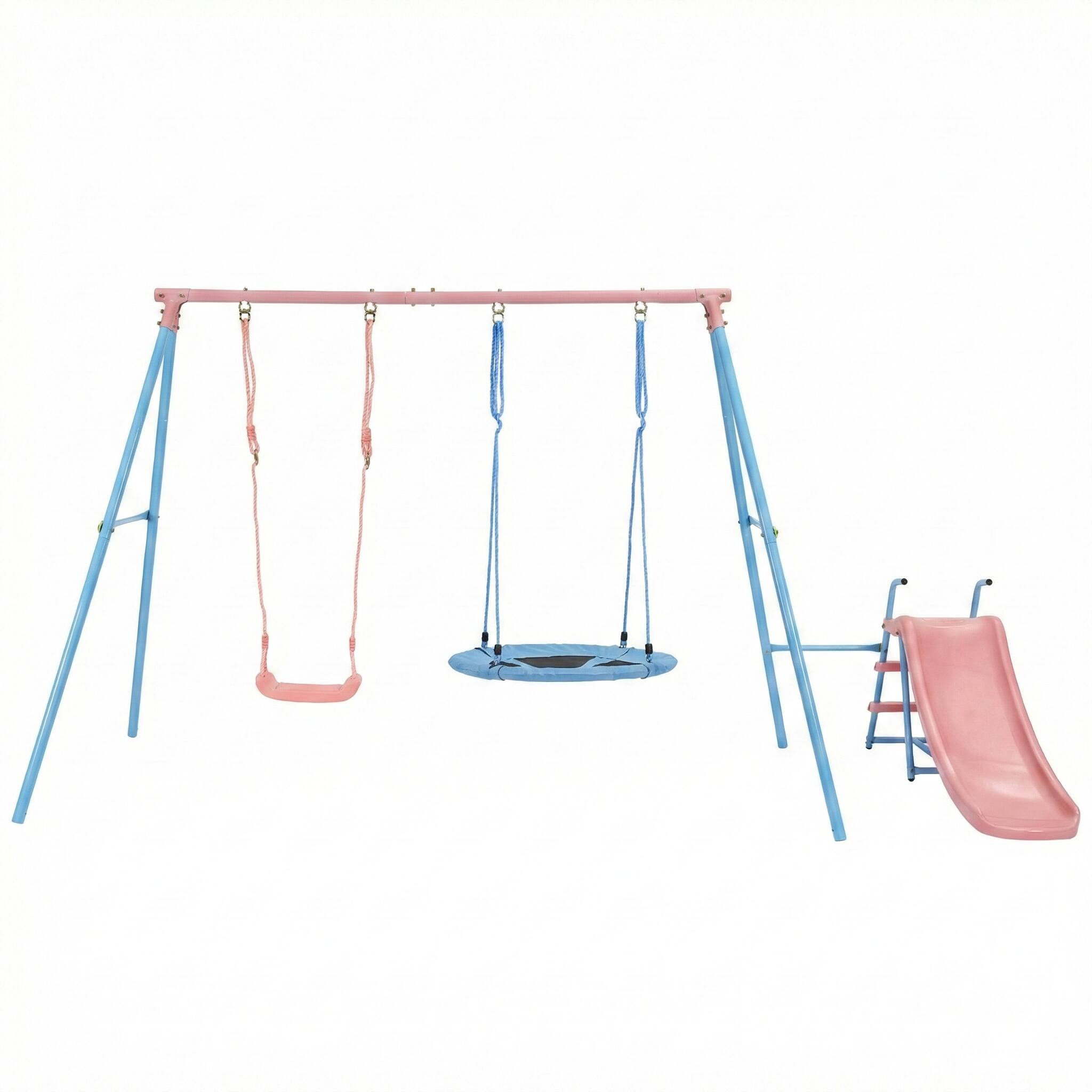 Alt View 1. Loheer - 10.83 ft Kids Swing Set with Slide and Two Swings - Blue+Pink.