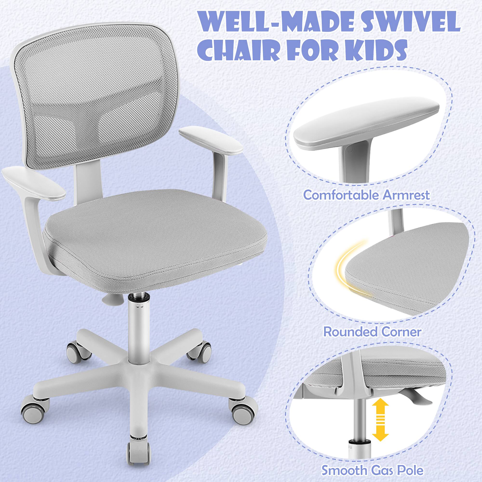 WELL-MADE SWIVEL CHAIR FOR KIDS

- Comfortable Armrest
- Rounded Corner
- Smooth Gas Pole