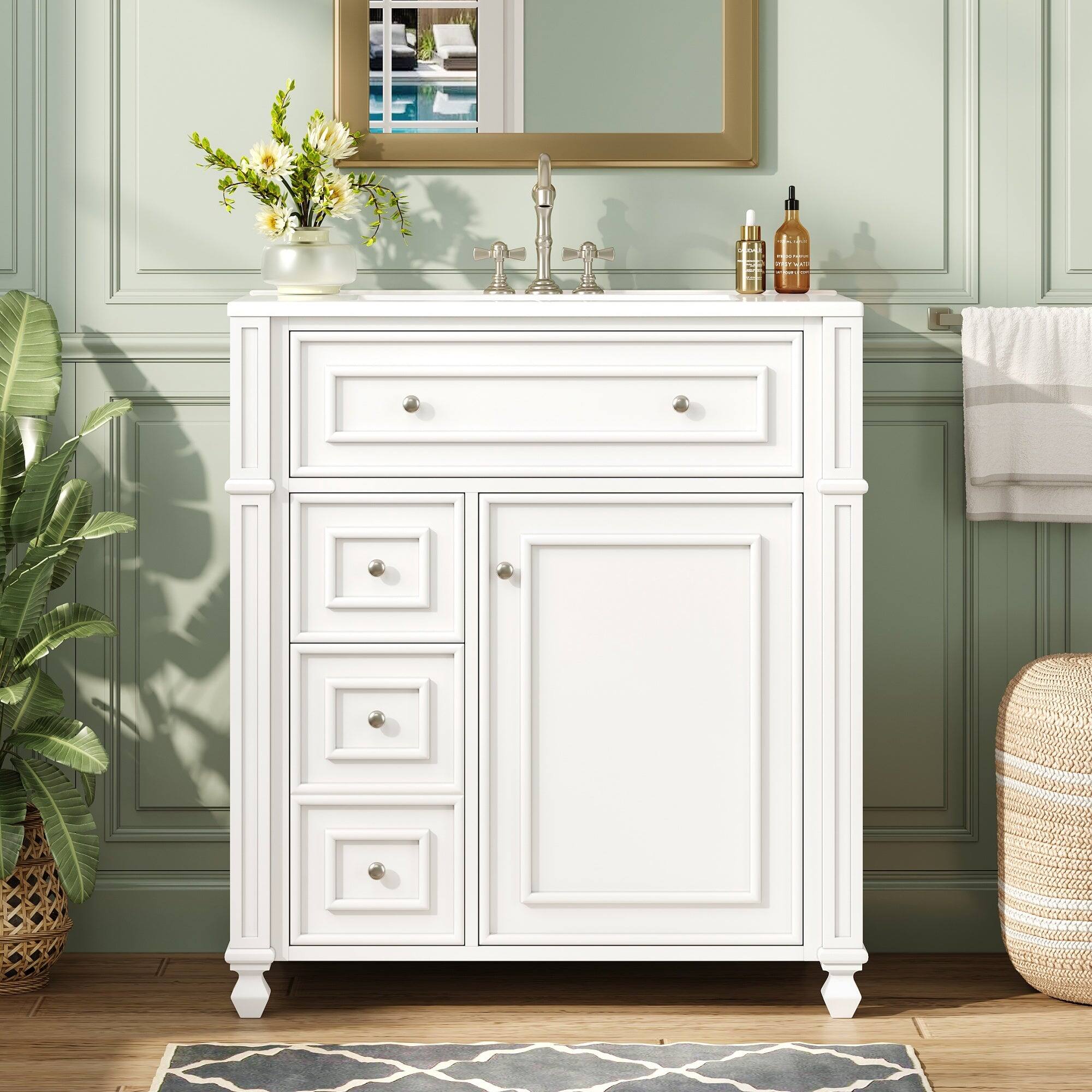 Alt View 1. Boyel Living - 30 Inch French Style Bathroom Vanity with Ceramic Sink and Storage White - White.