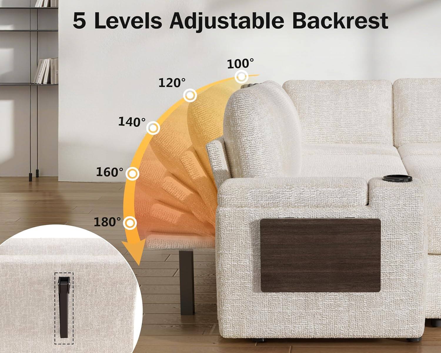 5 Levels Adjustable Backrest

100°  
120°  
140°  
160°  
180°