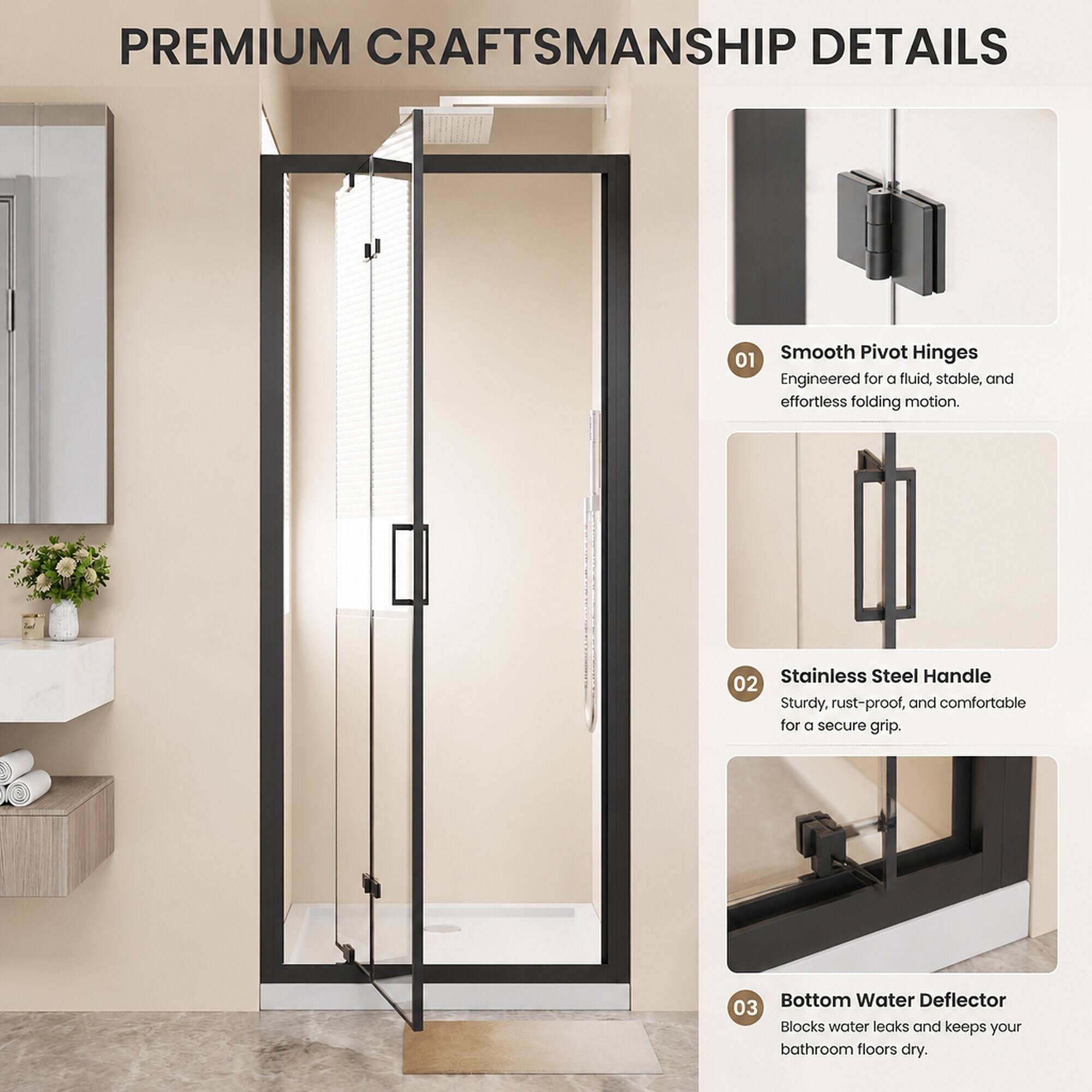 PREMIUM CRAFTSMANSHIP DETAILS

01 Smooth Pivot Hinges  
Engineered for a fluid, stable, and effortless folding motion.

02 Stainless Steel Handle  
Sturdy, rust-proof, and comfortable for a secure grip.

03 Bottom Water Deflector  
Blocks water leaks and keeps your bathroom floors dry.