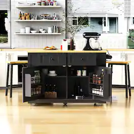 Loheer - 48 inch kitchen island with 2 bar stools, Drop Leaf - Black