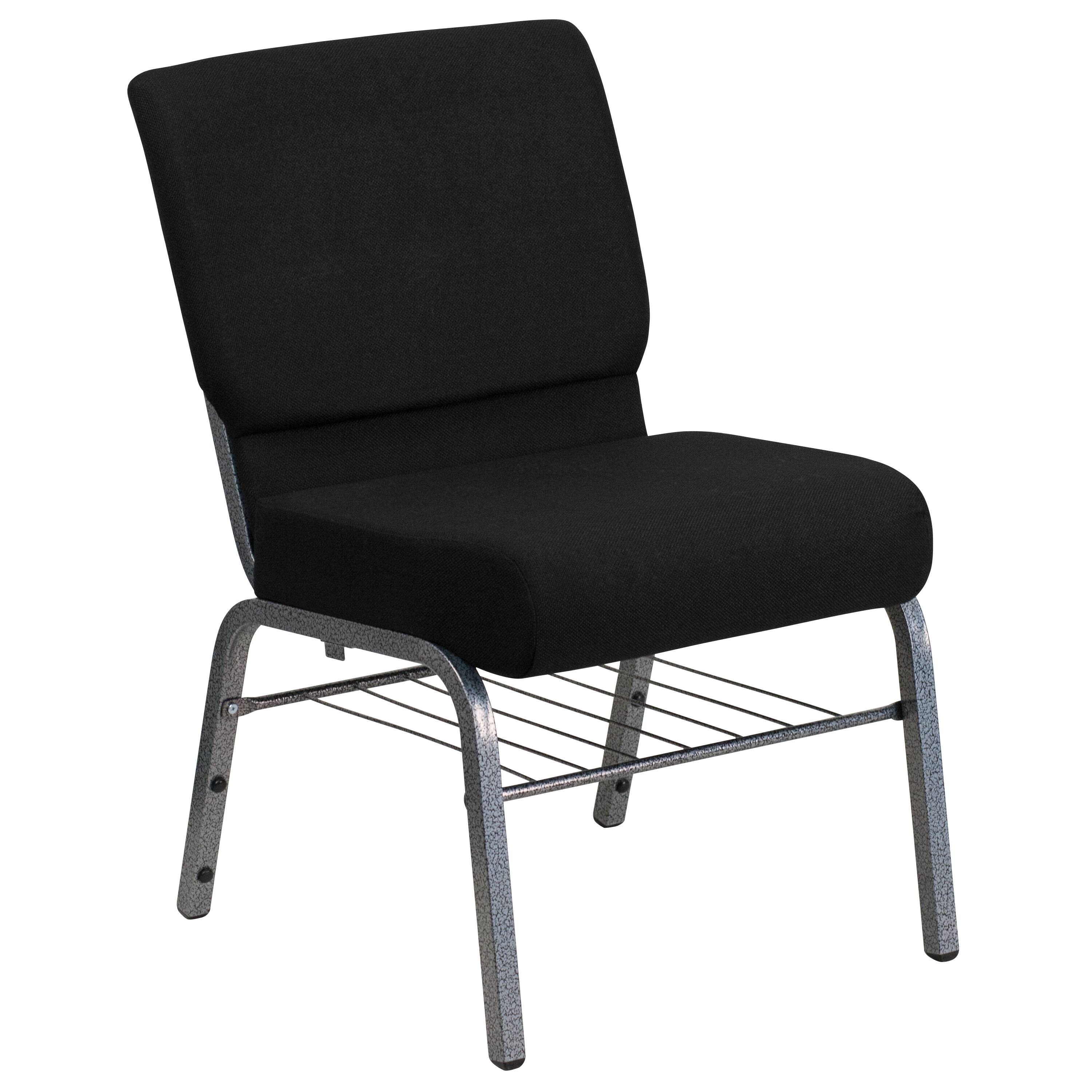 Emma + Oliver - Auditorium Chair - 21" Seat - Book Rack - Black Fabric/Silver Vein Frame