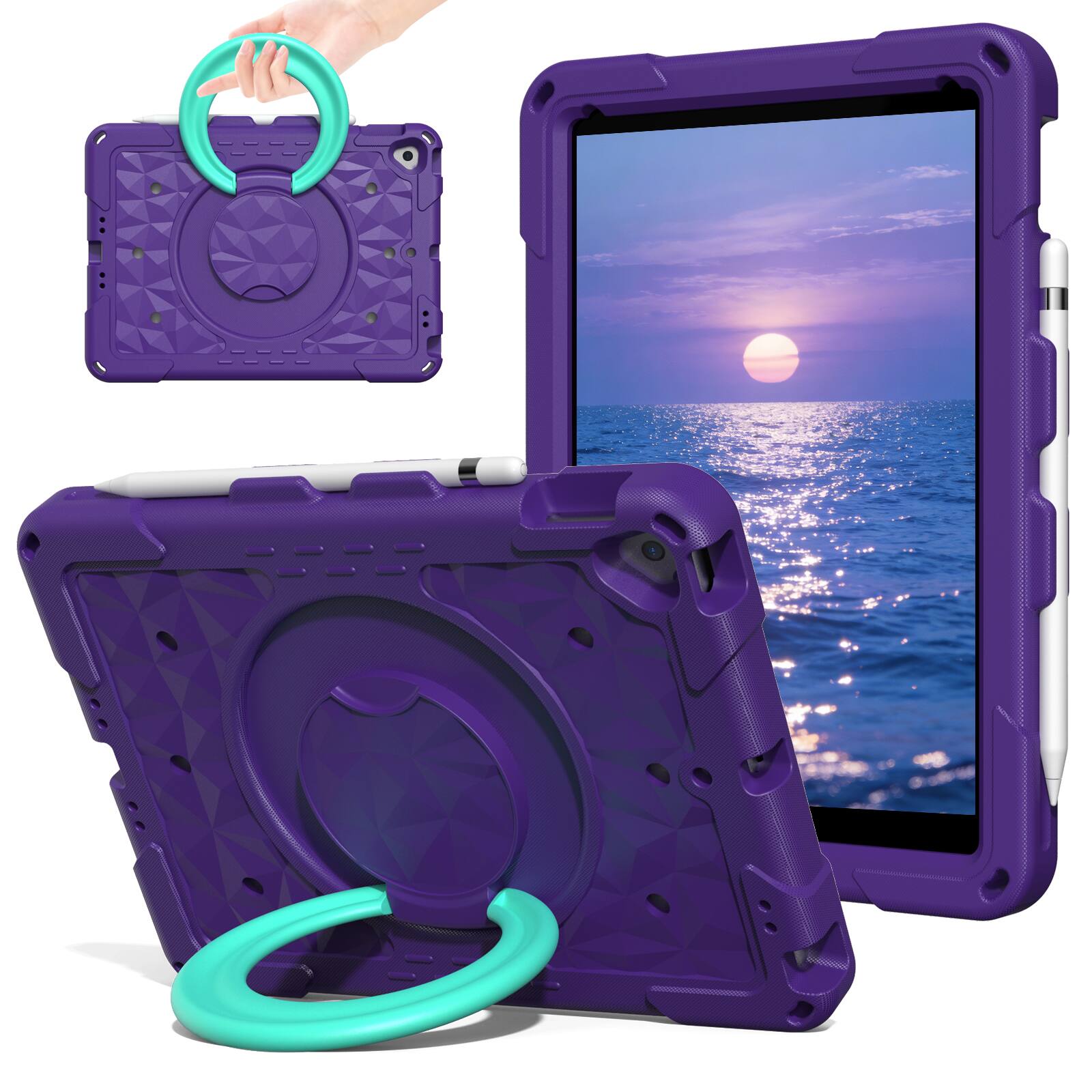 Angle. UUCOVER - Kids Case for iPad 9th/8th/7th Generation 10.2 inch Shockproof EVA Handle Stand Cover with Shoulder Strap - Purple+Mint.