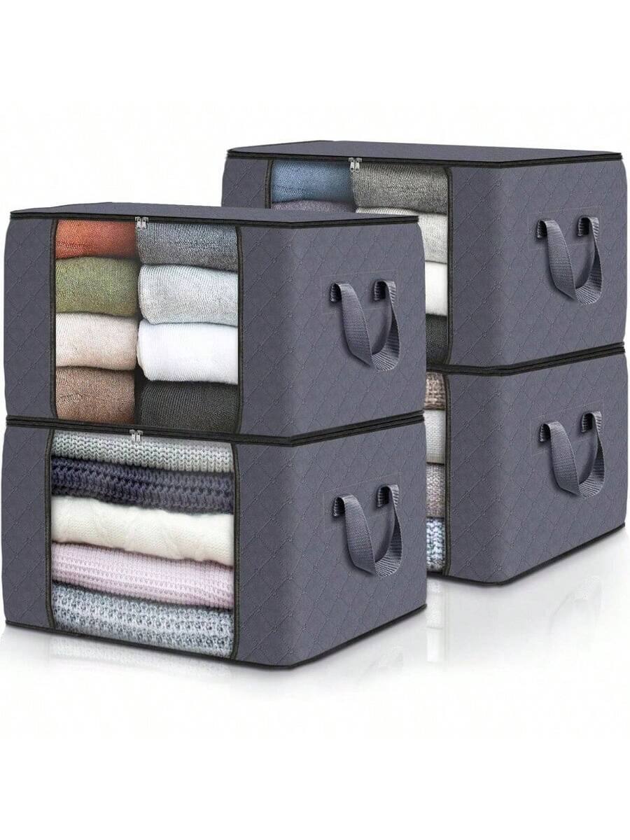 Front. Live At Space - Clothes Storage, Foldable Thick Fabric Blanket Storage Bags, Containers Organizing Bedroom, Closet, Clothing, - 4 x 60 liters + gray.
