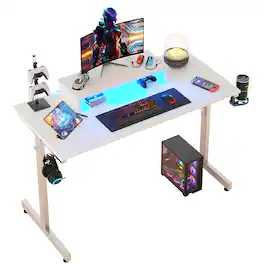 Bestier - 42-inch Gaming Desk with RGB Lights, Ergonomic Monitor Stand & Accessory Hooks - White Carbon Fiber