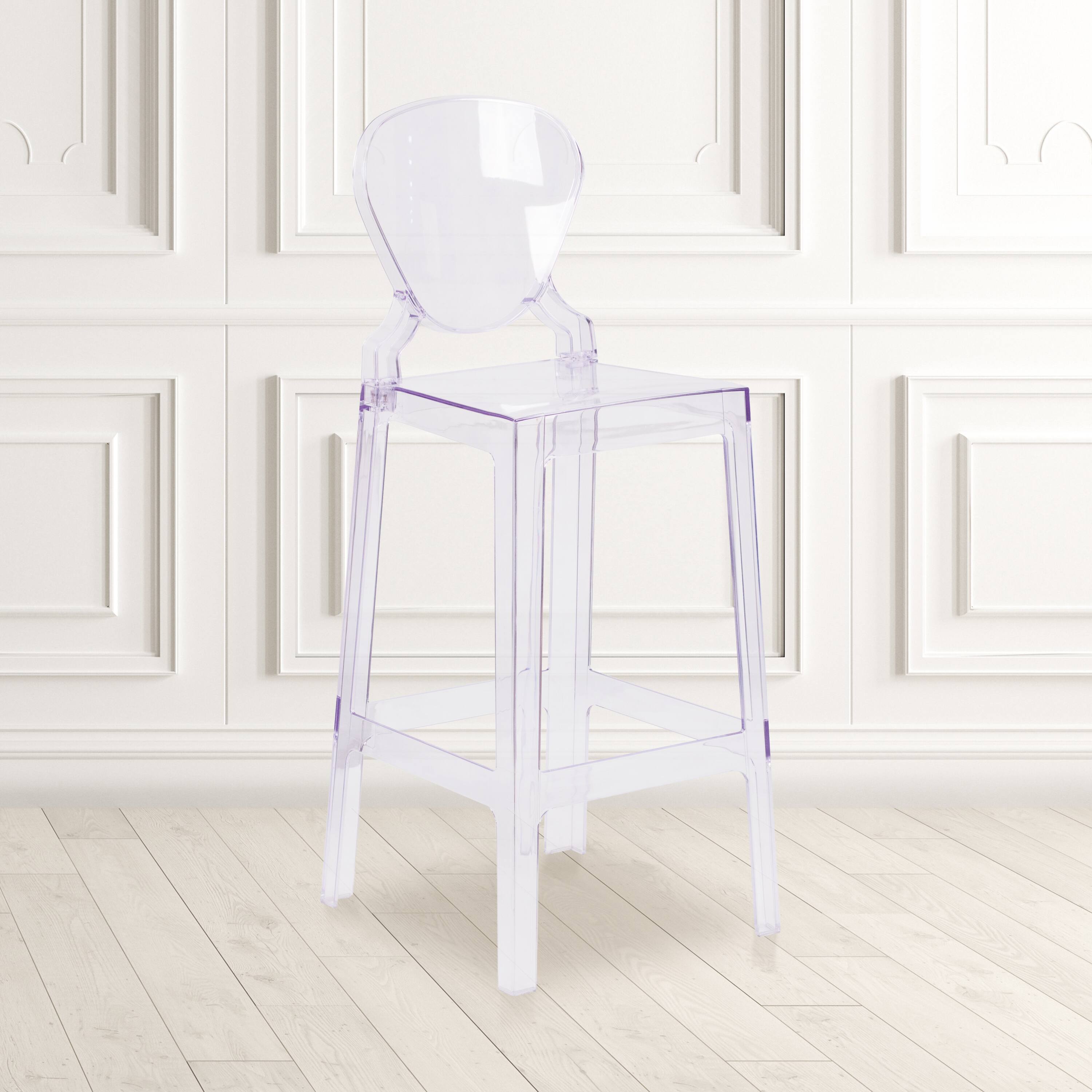 Front. Emma + Oliver - Ghost Barstool in Transparent Crystal with Tear Back - Transparent Crystal.