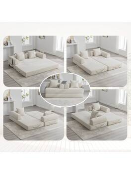 Trinkets Crazed - Convertible Sleeper Sofa Bed With 2 Pillows, 78.5" Corduroy Folding Mattress Couch With Fixed-Shape Frame - Beige