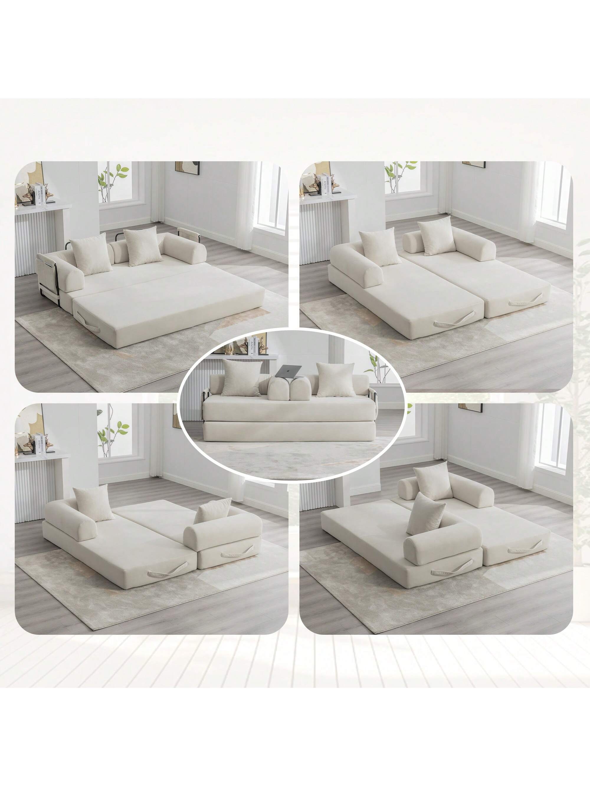 Front. Trinkets Crazed - Convertible Sleeper Sofa Bed With 2 Pillows, 78.5" Corduroy Folding Mattress Couch With Fixed-Shape Frame - Beige.