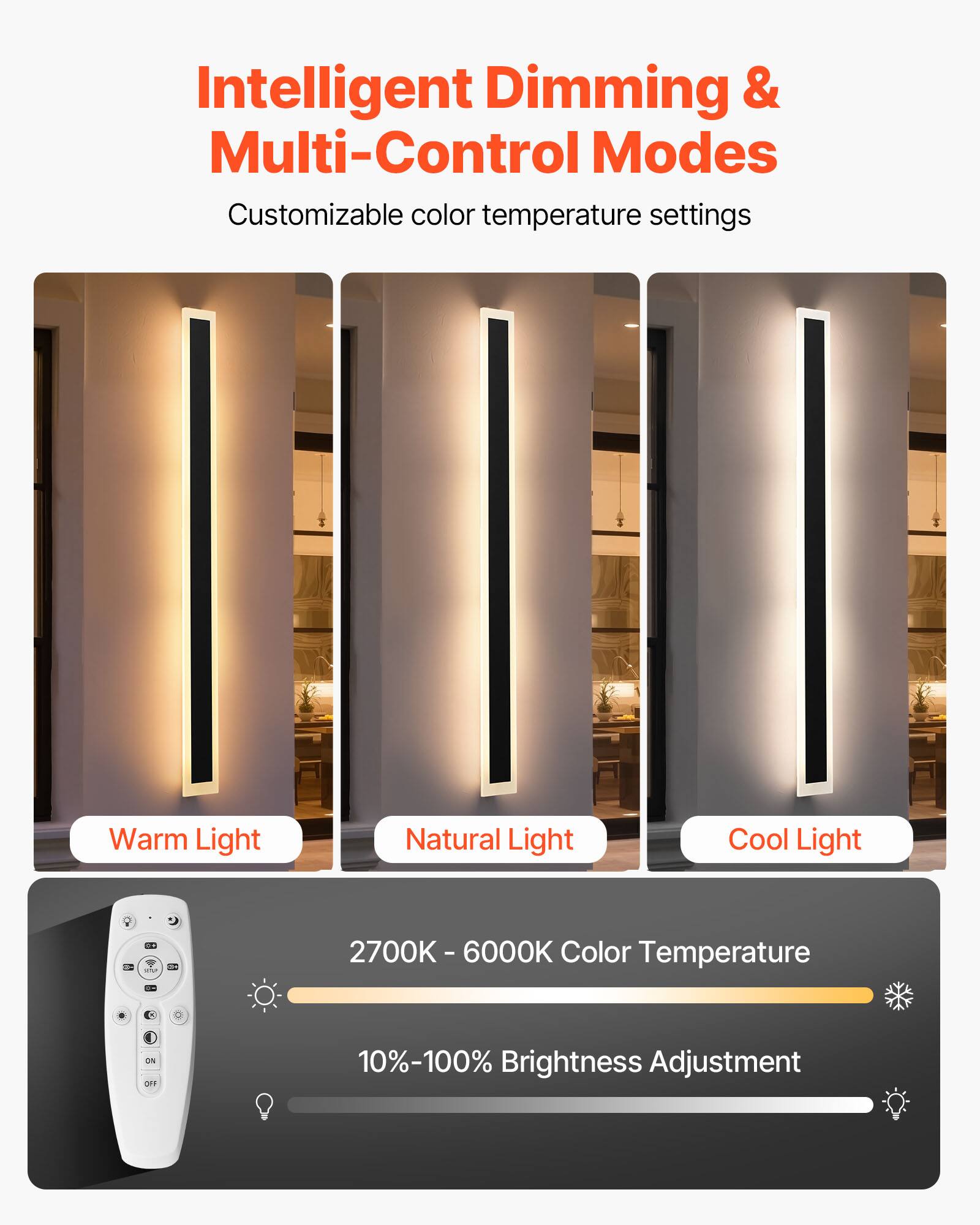 Intelligent Dimming & Multi-Control Modes  
Customizable color temperature settings  

Warm Light  
Natural Light  
Cool Light  

2700K - 6000K Color Temperature  
10%-100% Brightness Adjustment