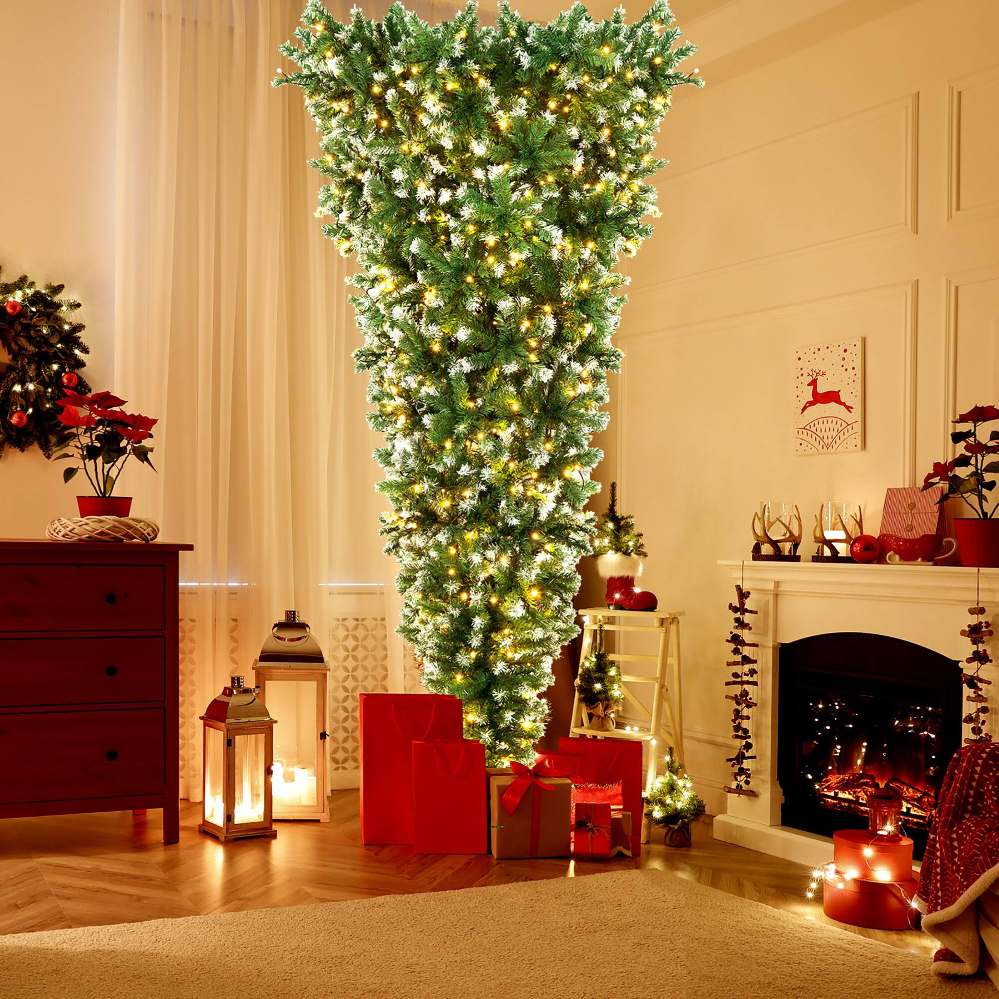 Gymax - 7.5FT Pre-Lit Snowy Inverted Christmas Tree Artificial Tree w/ 400 LED Lights - Green