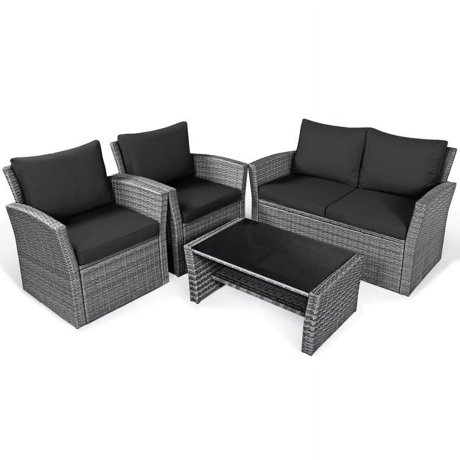 Alt View 1. Kadyn - 4 Pieces Patio Rattan Furniture Set, Outdoor Furniture Garden Conversation Sets with Storage Shelf Cushion-Khaki - Black.