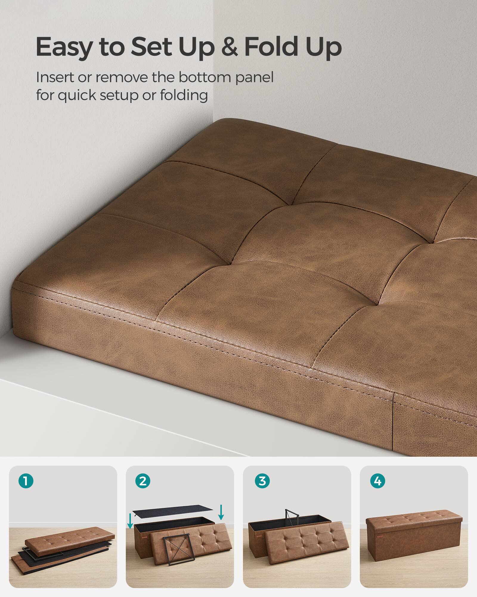 Easy to Set Up & Fold Up

Insert or remove the bottom panel for quick setup or folding

1. [Image of the bottom panel removed]
2. [Image of the bottom panel being inserted]
3. [Image of the bottom panel fully inserted]
4. [Image of the sofa fully assembled]