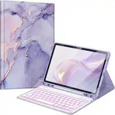 Front. Fintie - Backlit Keyboard Case for Samsung Galaxy Tab S10 Lite/S10 FE/S9 FE/S9, Detachable Bluetooth Keyboard TPU Back Cover - Lilac Marble.