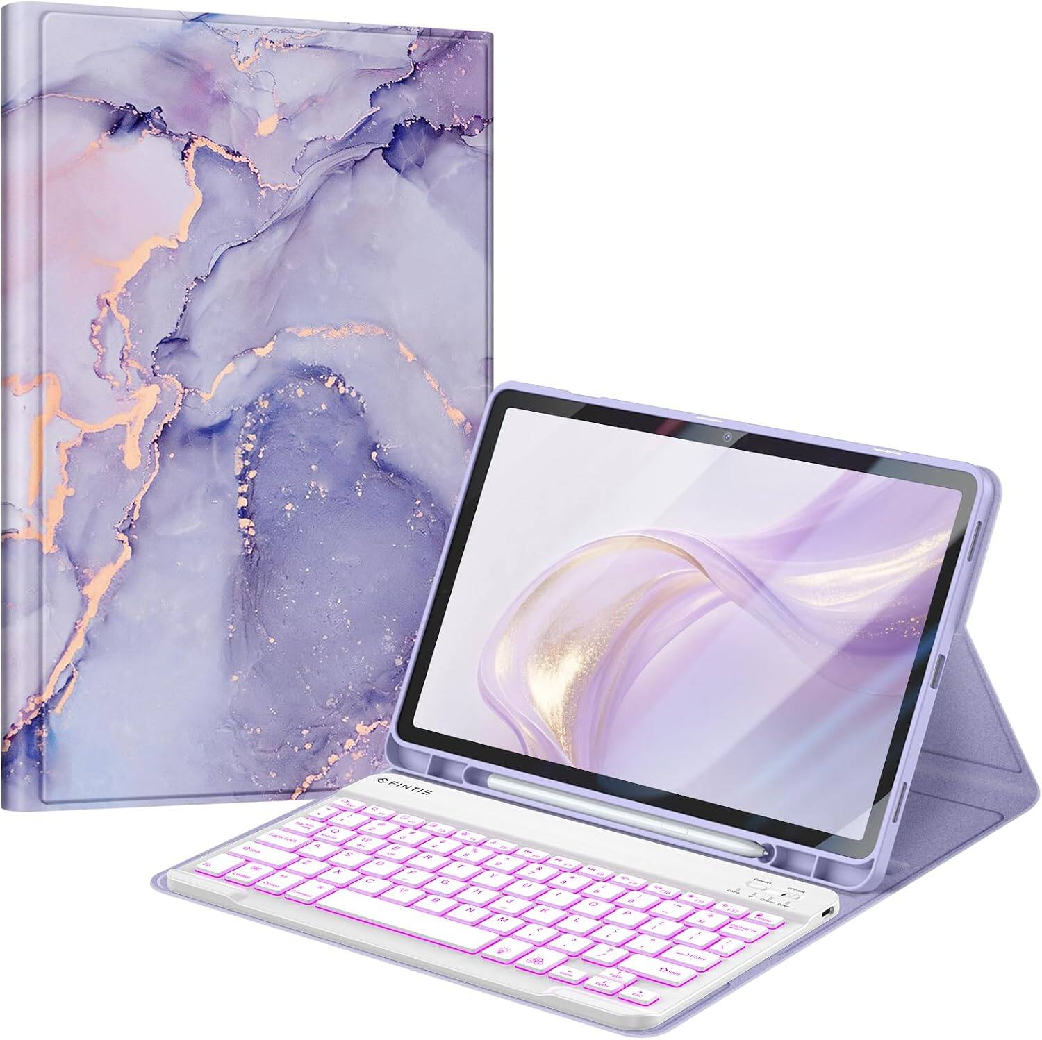 Front. Fintie - Backlit Keyboard Case for Samsung Galaxy Tab S10 Lite/S10 FE/S9 FE/S9, Detachable Bluetooth Keyboard TPU Back Cover - Lilac Marble.