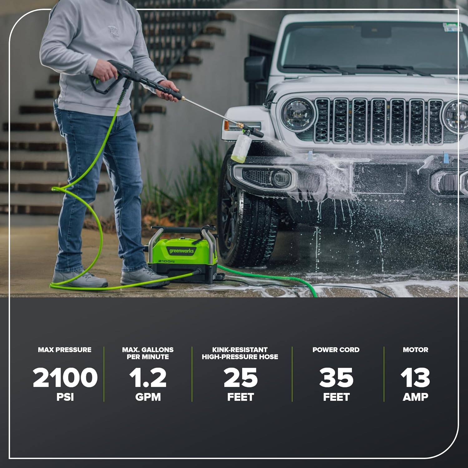 greenworks 1100E  
MAX PRESSURE 2100 PSI  
MAX. GALLONS PER MINUTE 1.2 GPM  
KINK-RESISTANT HIGH-PRESSURE HOSE 25 FEET  
POWER CORD 35 FEET  
MOTOR 13 AMP