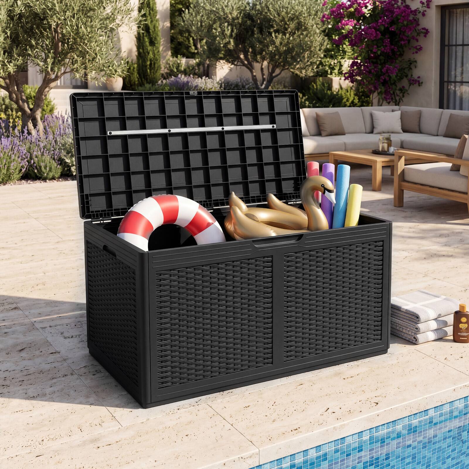 Alt View 1. Gymax - Gymax 100 Gallon Resin Deck Box w/ Lockable Lid Wheels for Pool Accessories Black - Black.
