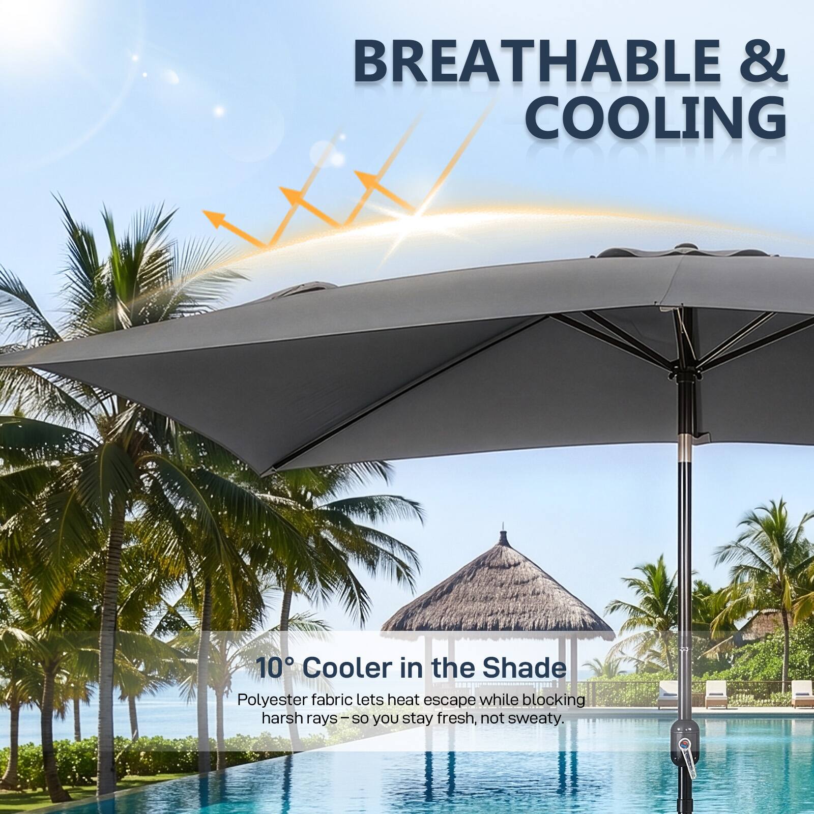 BREATHABLE & COOLING

10° Cooler in the Shade

Polyester fabric lets heat escape while blocking harsh rays—so you stay fresh, not sweaty.