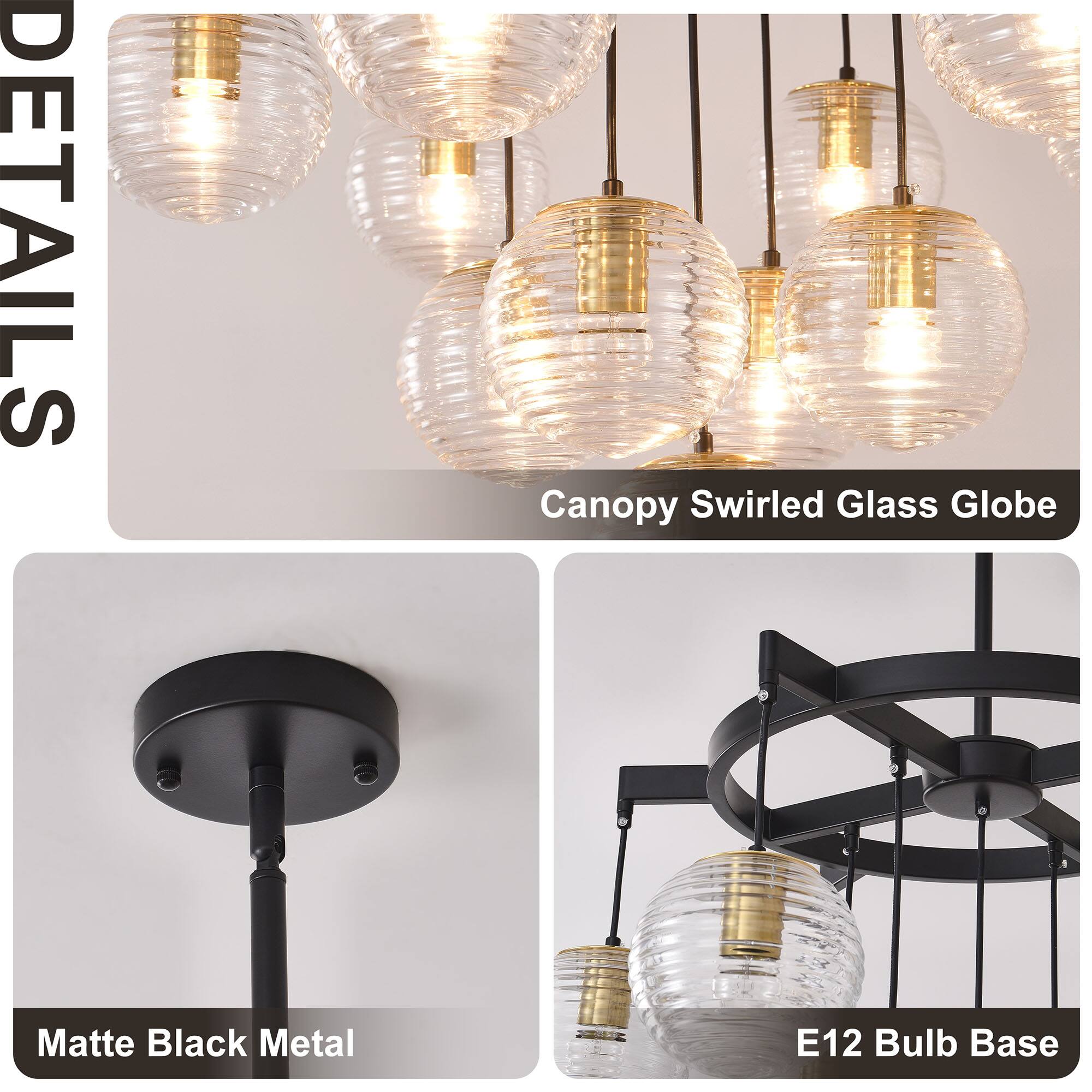 DETAILS
Canopy Swirled Glass Globe
Matte Black Metal
E12 Bulb Base
