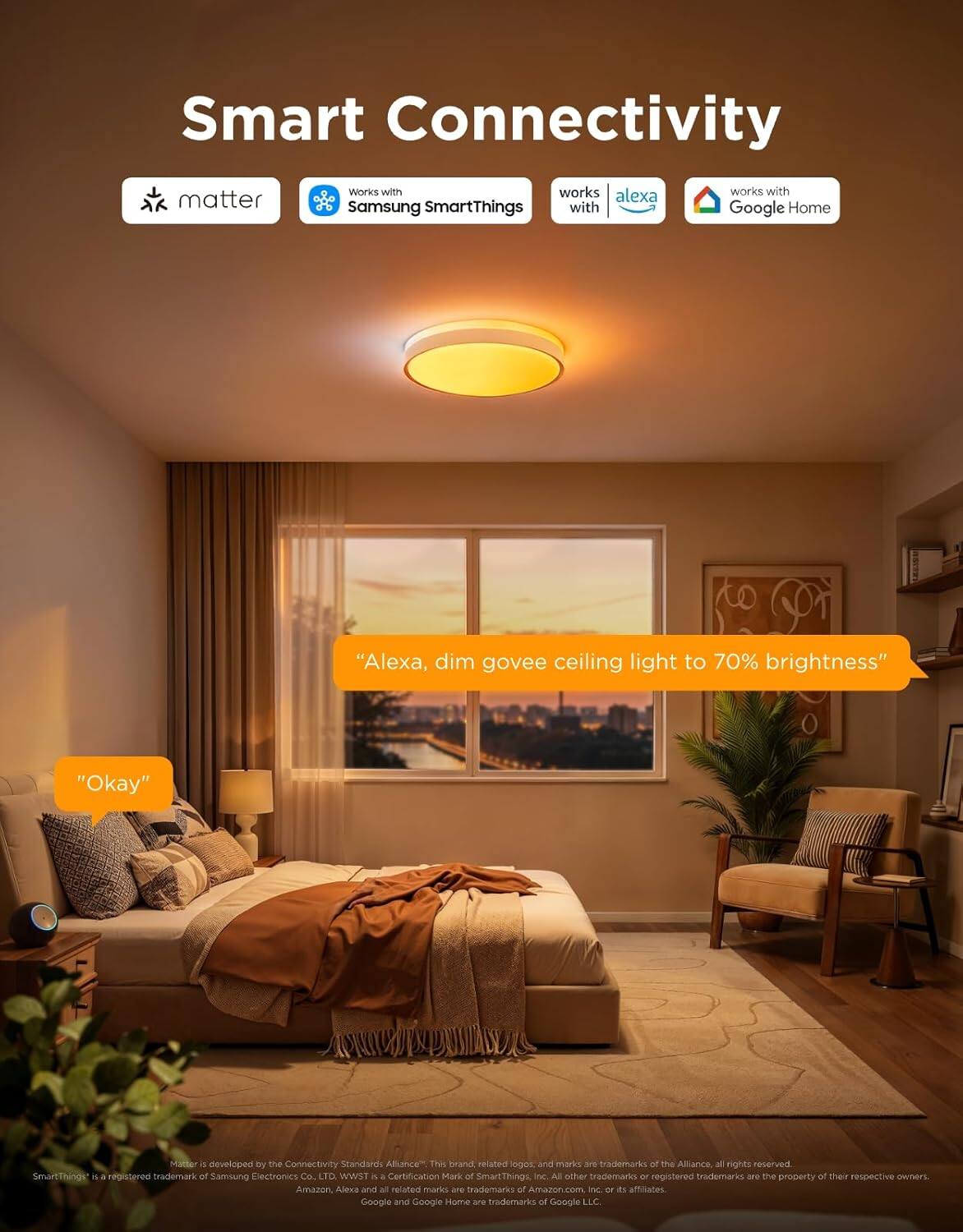 Smart Connectivity works with matter, Samsung SmartThings, Alexa, and Google Home.  
"Alexa, dim govee ceiling light to 70% brightness"  
"Okay"  

Matter is developed by the Connectivity Standards Alliance. This brand and marks are trademarks of the Alliance. All rights reserved.  
SmartThings is a registered trademark of Samsung Electronics Co. LTD. WWST is a Certification Mark of SmartThings Inc. All other trademarks are the property of their respective owners.  
Amazon, Alexa, and all related marks are trademarks of Amazon.com Inc. or its affiliates.  
Google and Google Home are trademarks of Google LLC.