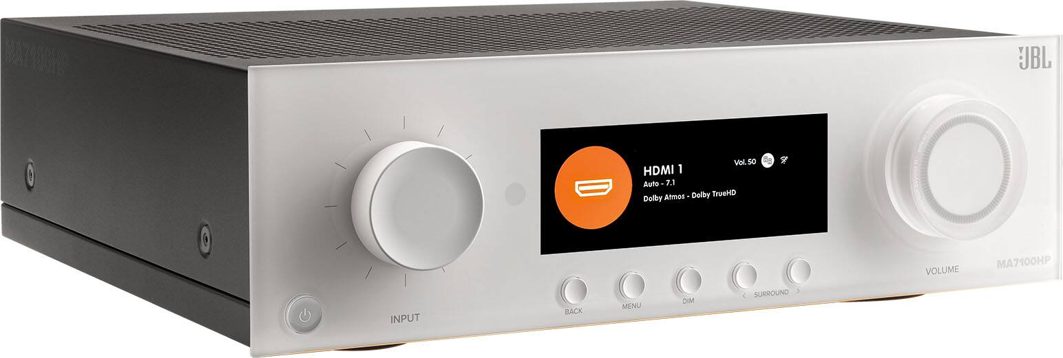 MAY WEB UBL A VOL. so HDMI 1 Auto 7.1 Dolby TrueHD Dolby Armos VOLUME MA7100HP INPUT BACK MENU DIM SURROUND