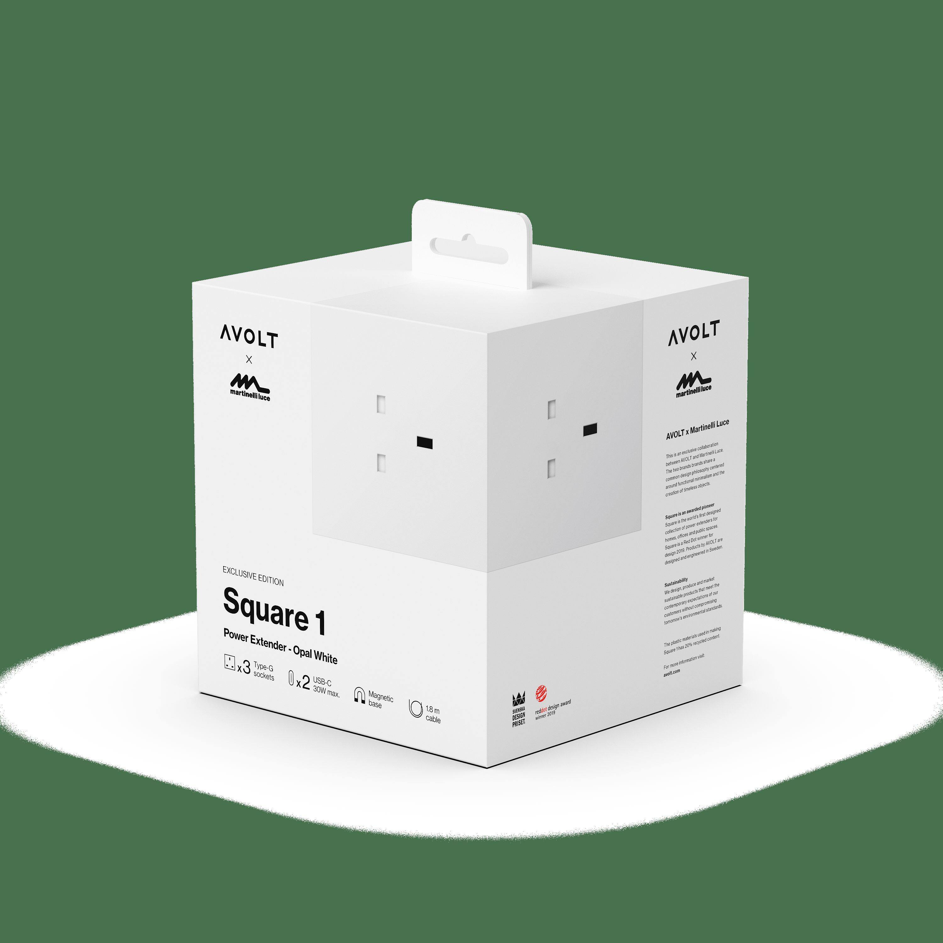 AVOLT x Marvellous Lace  
AVOLT x Marvellous Lace  
EXCLUSIVE EDITION  
Square 1  
Power Extender - Opal White  
3 Type-G sockets  
2 USB-C 2.4A max  
Magnetic base  
19.1"