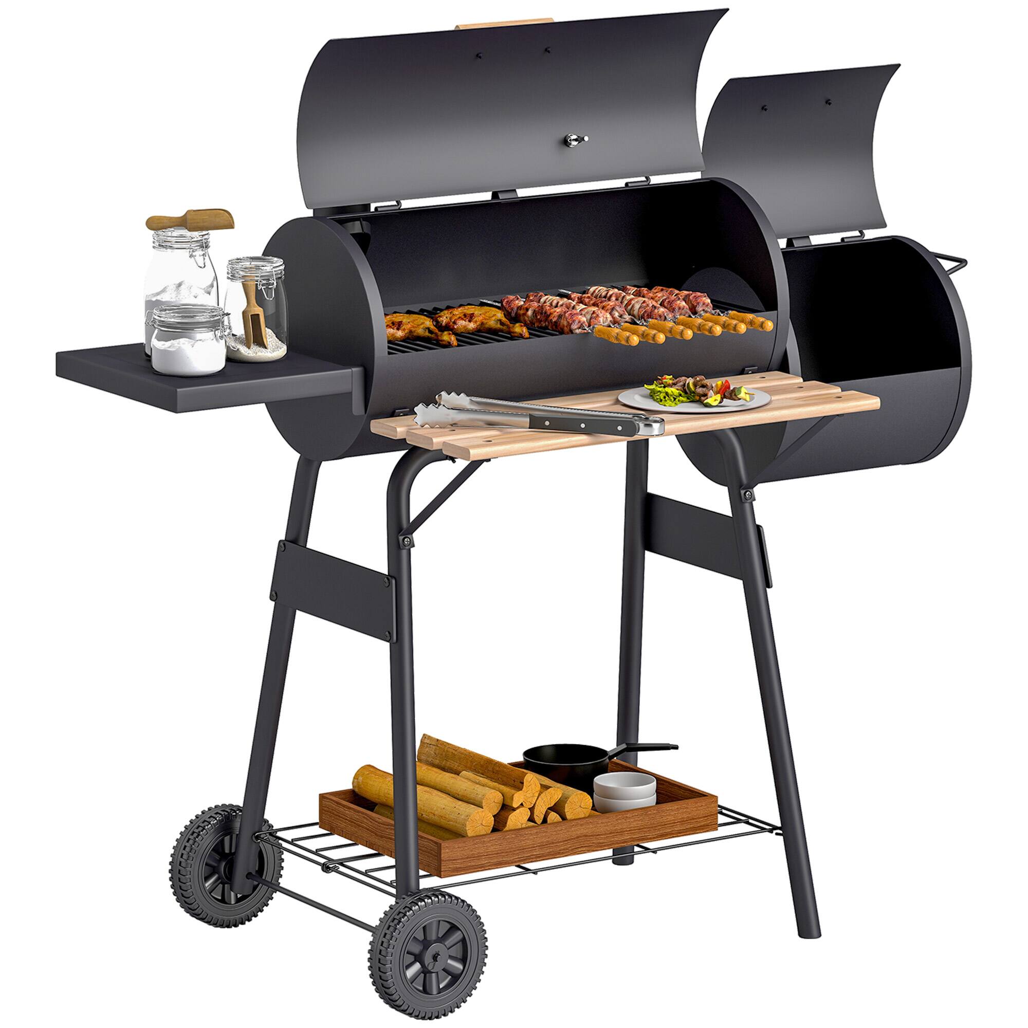 Outsunny - Charcoal Grill with Offset Smoker, 231 Sq.In. Cooking Area, Barrel BBQ Grill and Smoker Combo with Side Tables, Shelf - Black