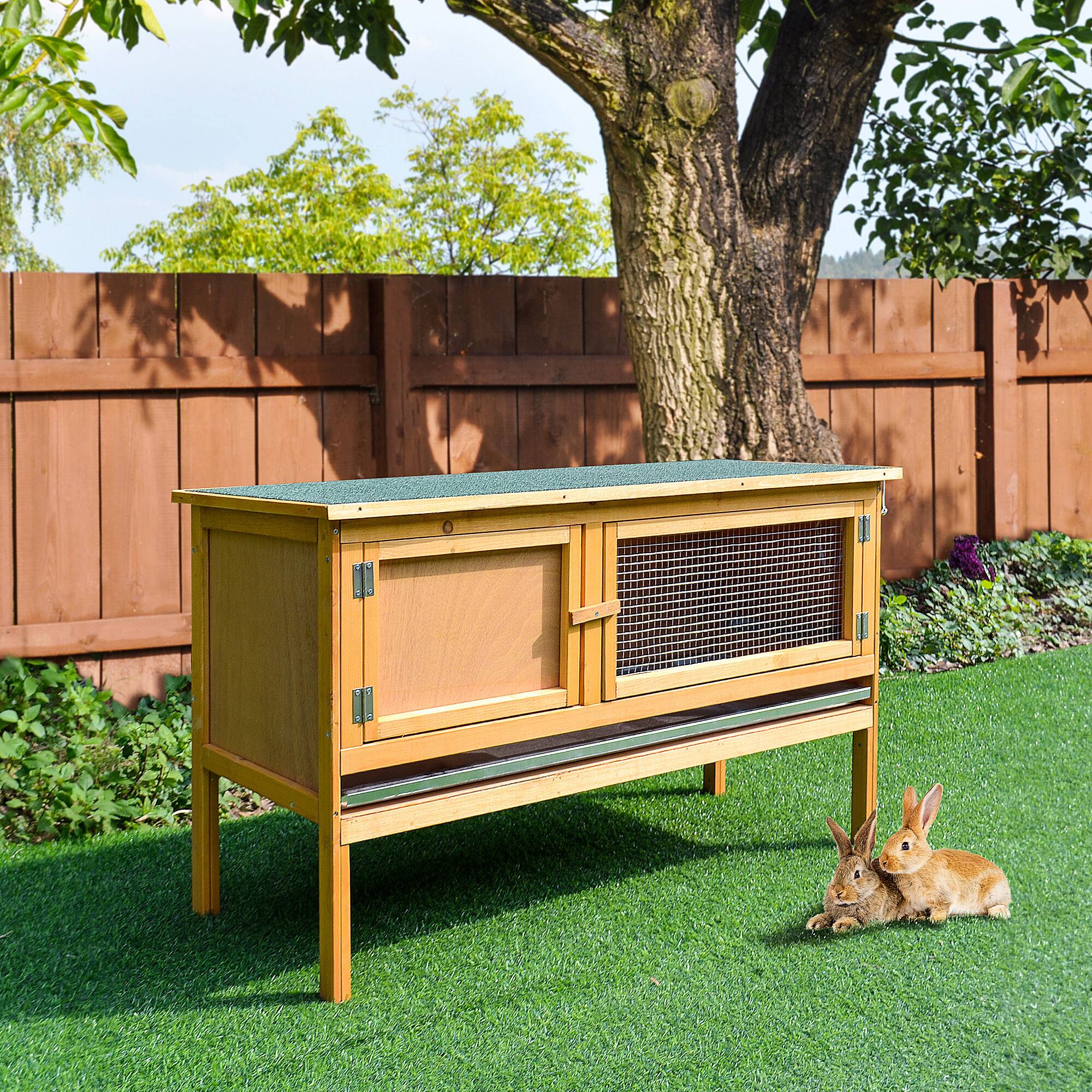 Angle. Pawhut - Wooden Rabbit Hutch Bunny Cage with Openable Waterproof Roof, No Leak Tray Sturdy Fir Wood Build for Indoor/Outdoor.