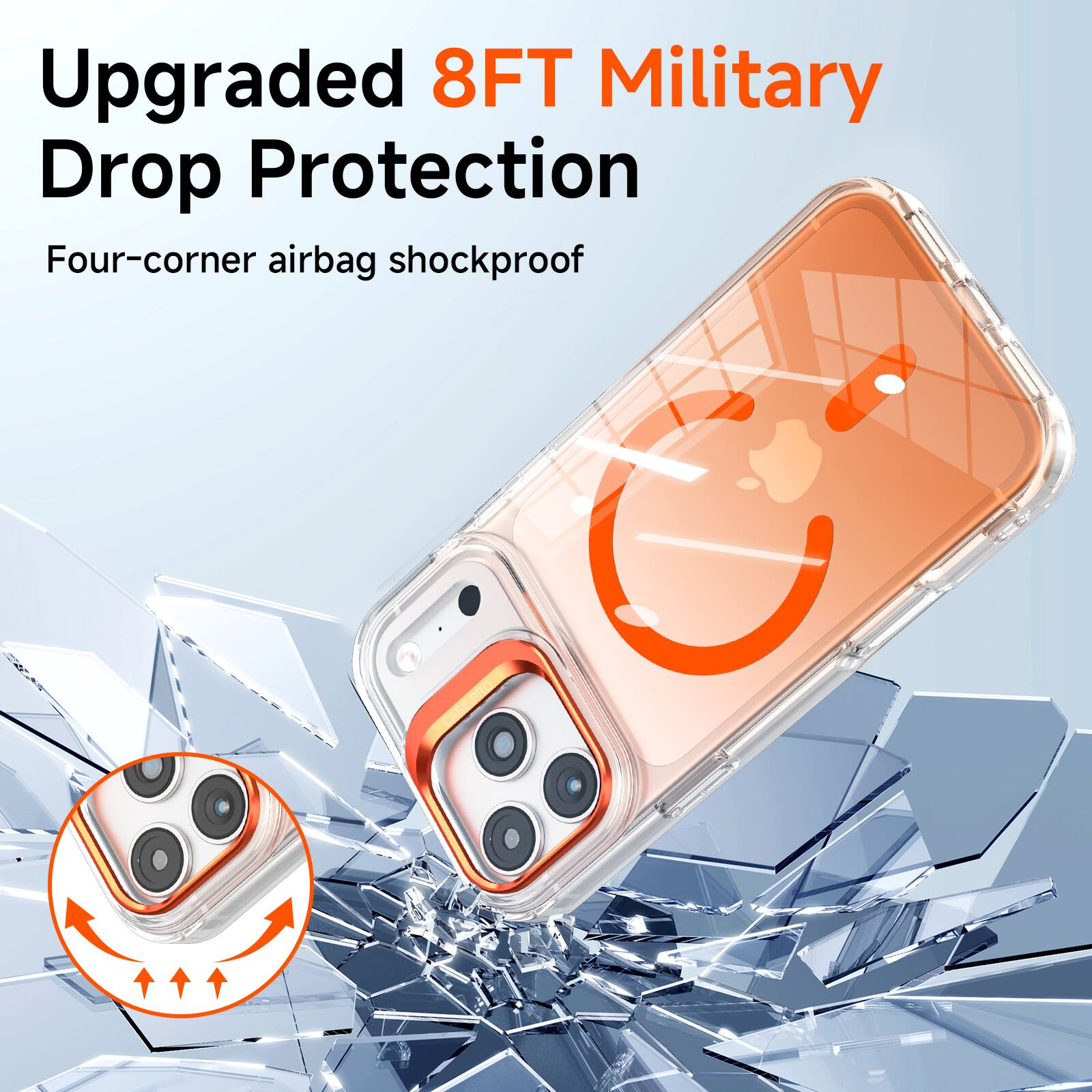 Upgraded 8FT Military Drop Protection  
Four-corner airbag shockproof