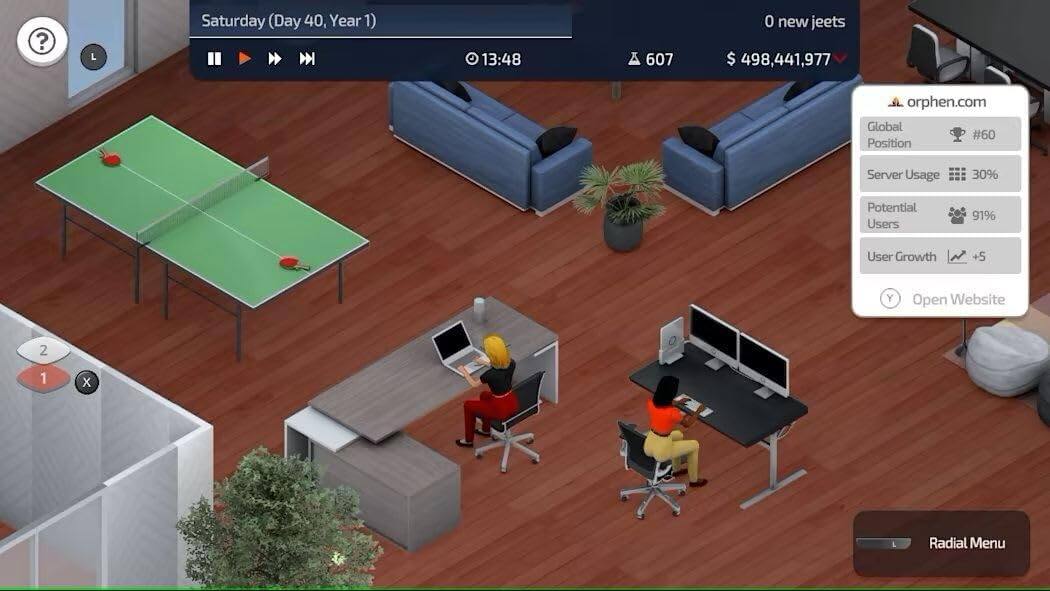 Saturday (Day 40, Year 1)  
13:48  
607  
$498,441,977  
0 new jeets  
orphen.com  
Global #60  
Position  
Server Usage 30%  
Potential Users 91%  
User Growth +5  
Open Website  
Radial Menu