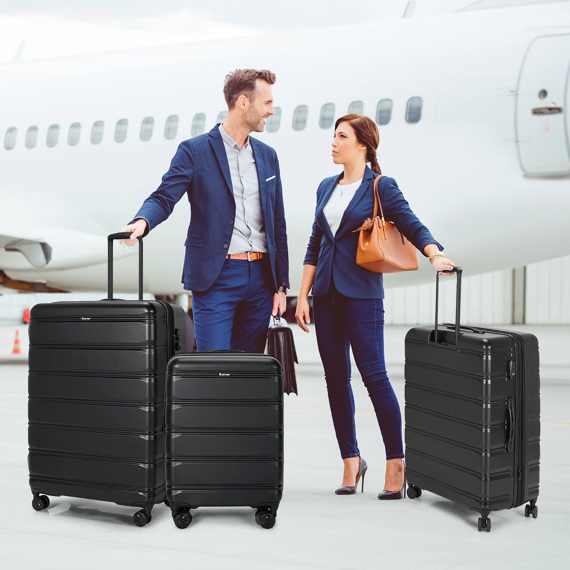 Alt View 2. Costway - Costway 3 Piece Hardshell Luggage Set Ex pandable Suitcase w/ TSA Lock & Spinner Wheels - Black.