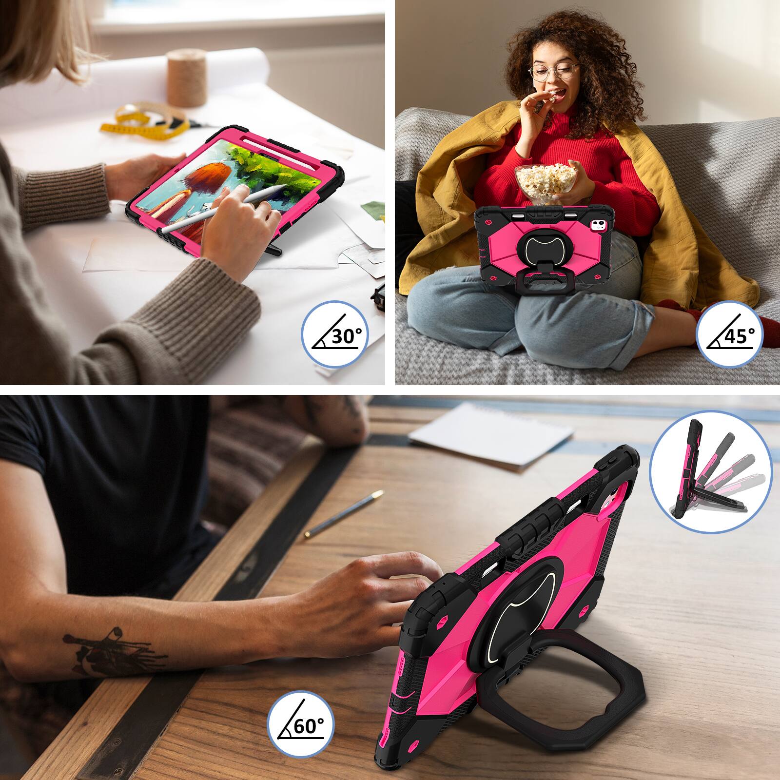 Back. Dteck - Case for Apple iPad Pro 13-inch (M5) 2025/(M4) 2024 , 3-Layer Rugged Kickstand Handle Grip Cover+Strap - Black Rose.